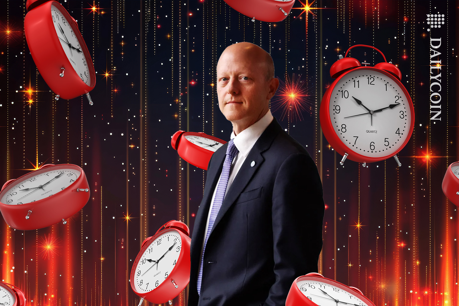 Jeremy Allaire with red alarm clocks surrounding him.