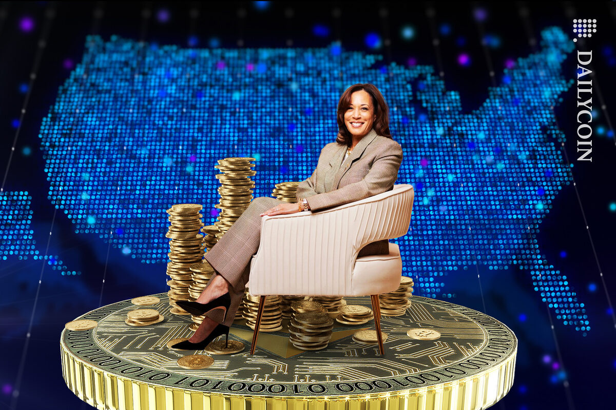 Kamala Harris sitting on top of giant ETH coin, with bitcoins by her side, and a glowing map of America behind her.