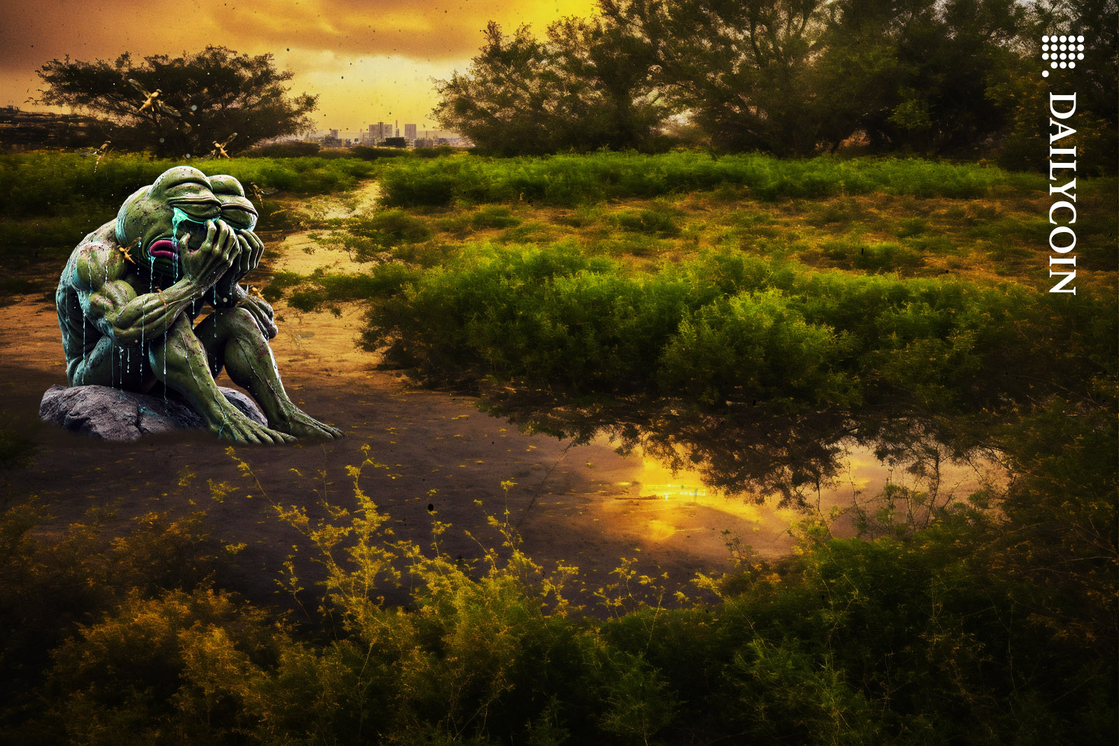 Pepe the frog crying in a pond.