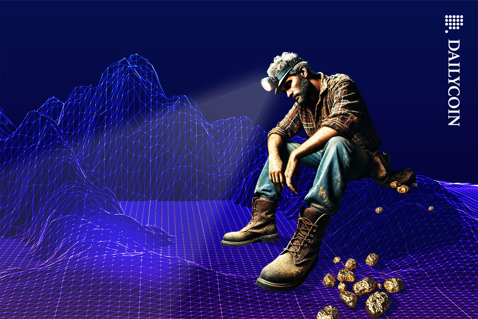 A tired looking miner sitting on a wireframe moutain range.