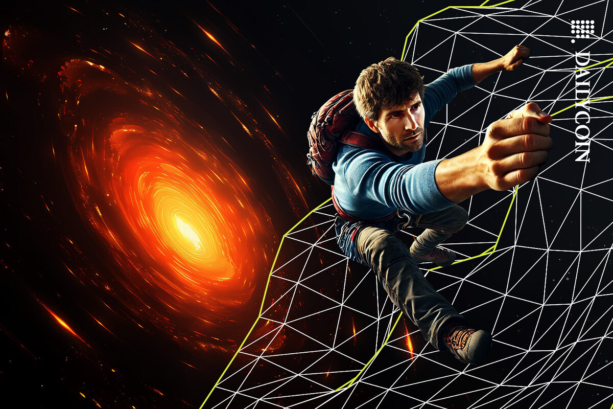 Mountain climber holding onto a wireframe cliff above a fiery black hole.