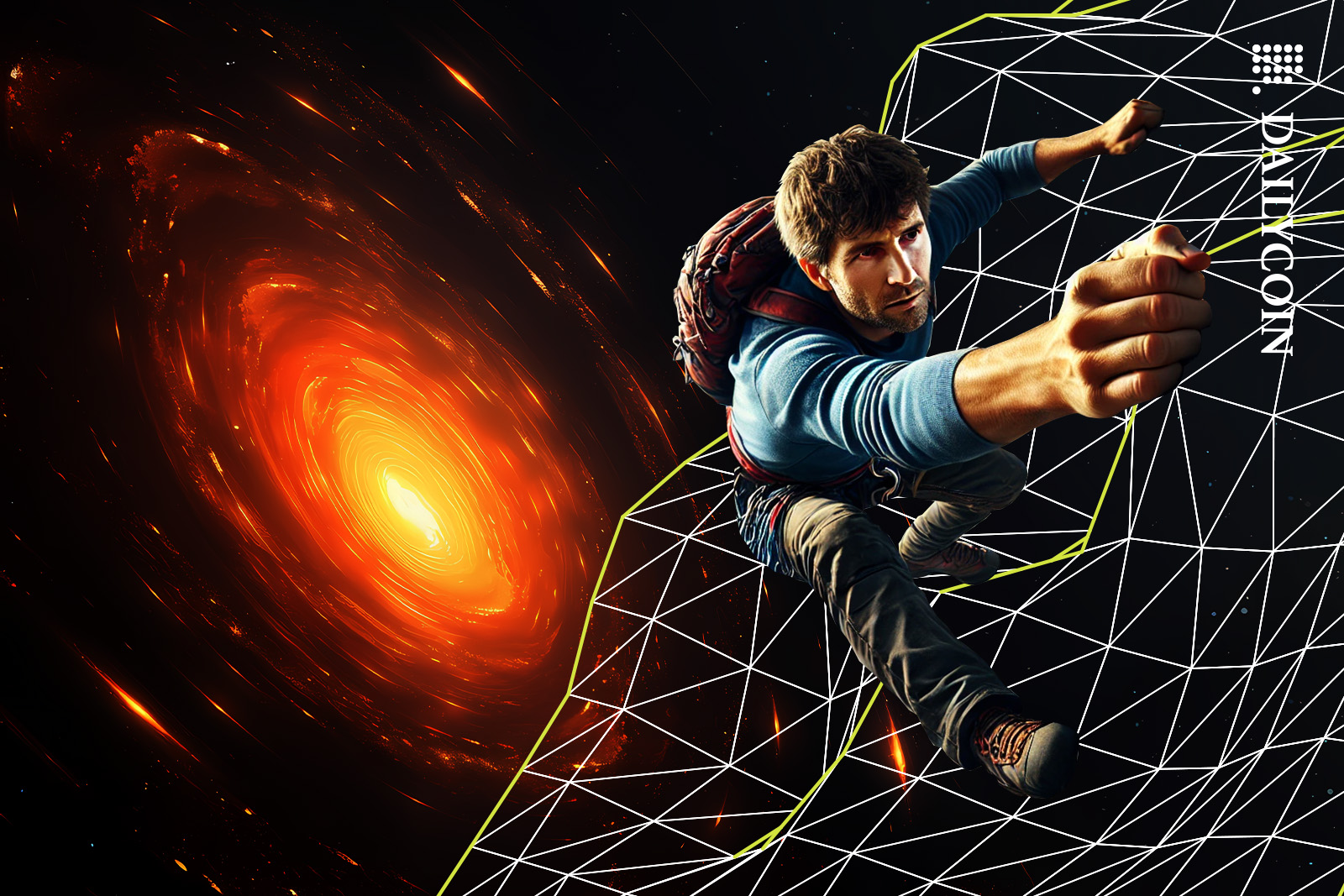Mountain climber holding onto a wireframe cliff above a fiery black hole.
