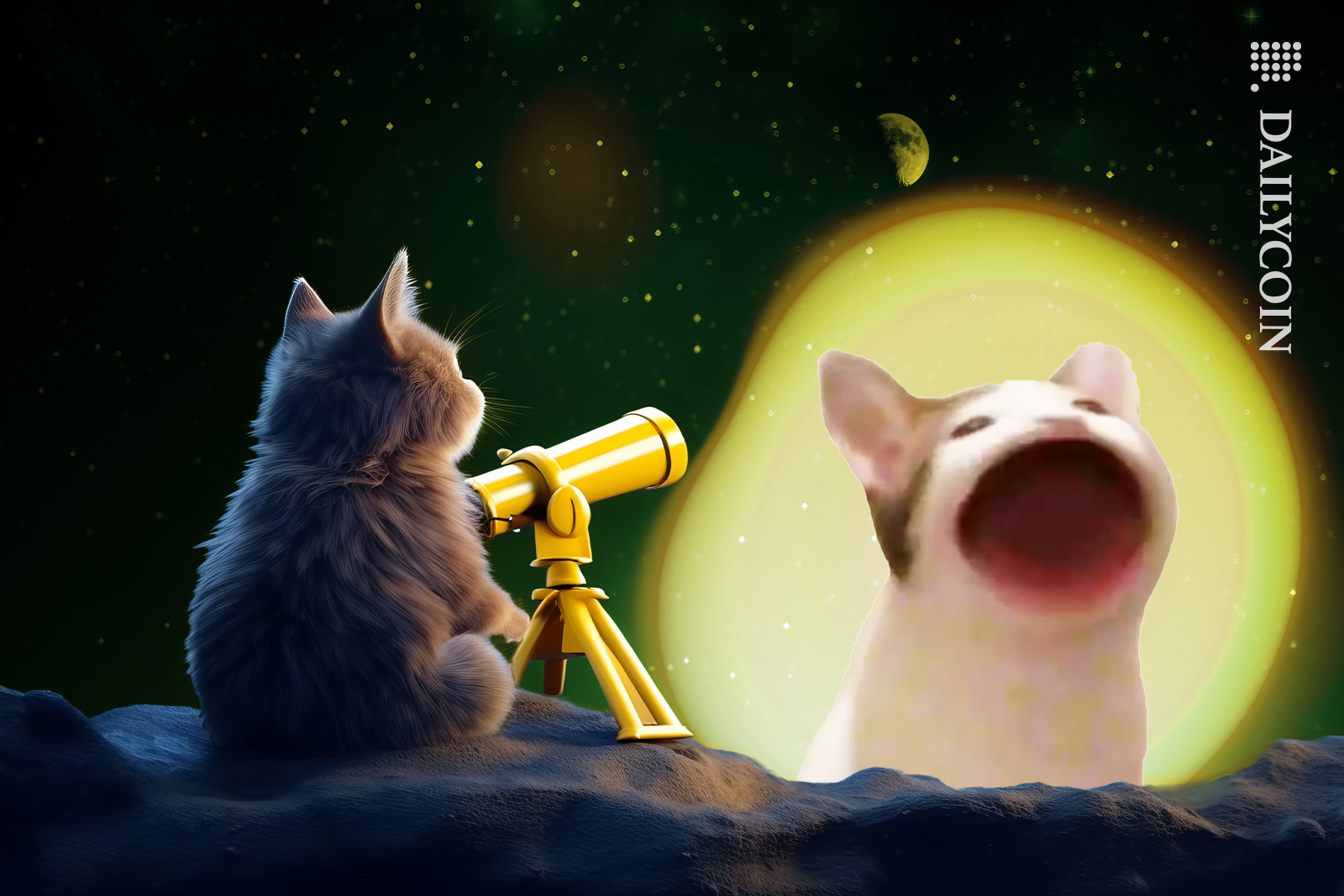 Cat looking into the night sky, seeing POPCAT glowing.