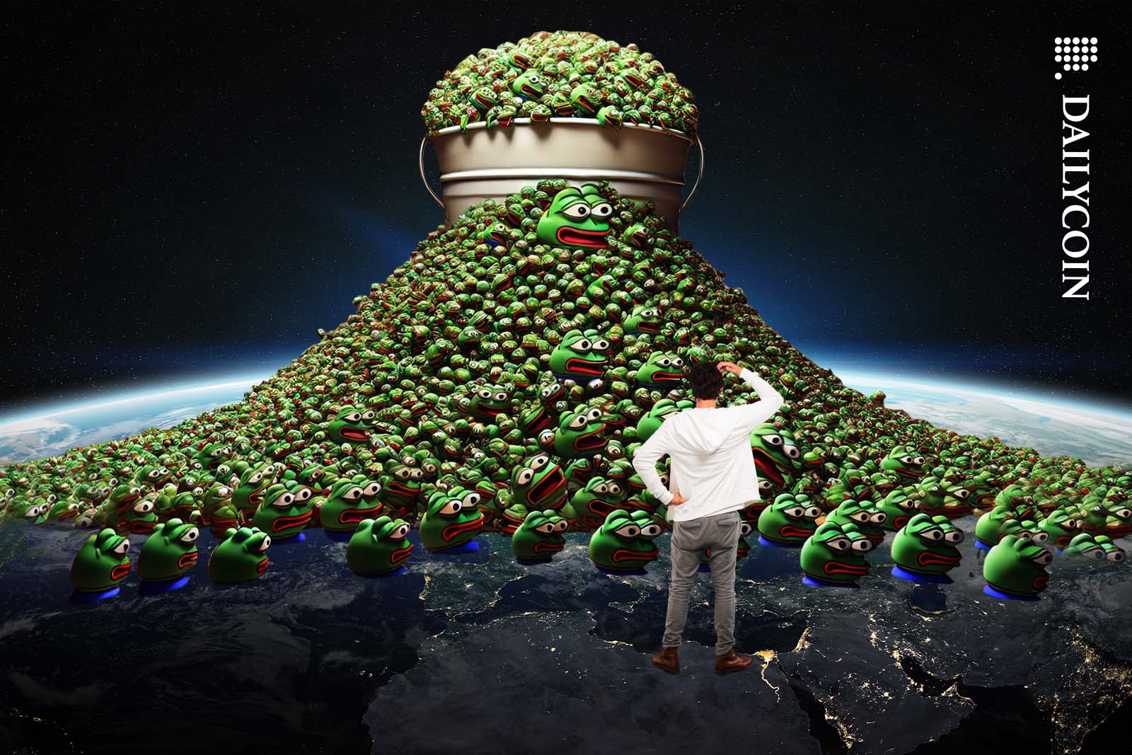A huge pile of Pepe the frogs dumped on the surface of Earth as a man looking at the pile in disbelief.