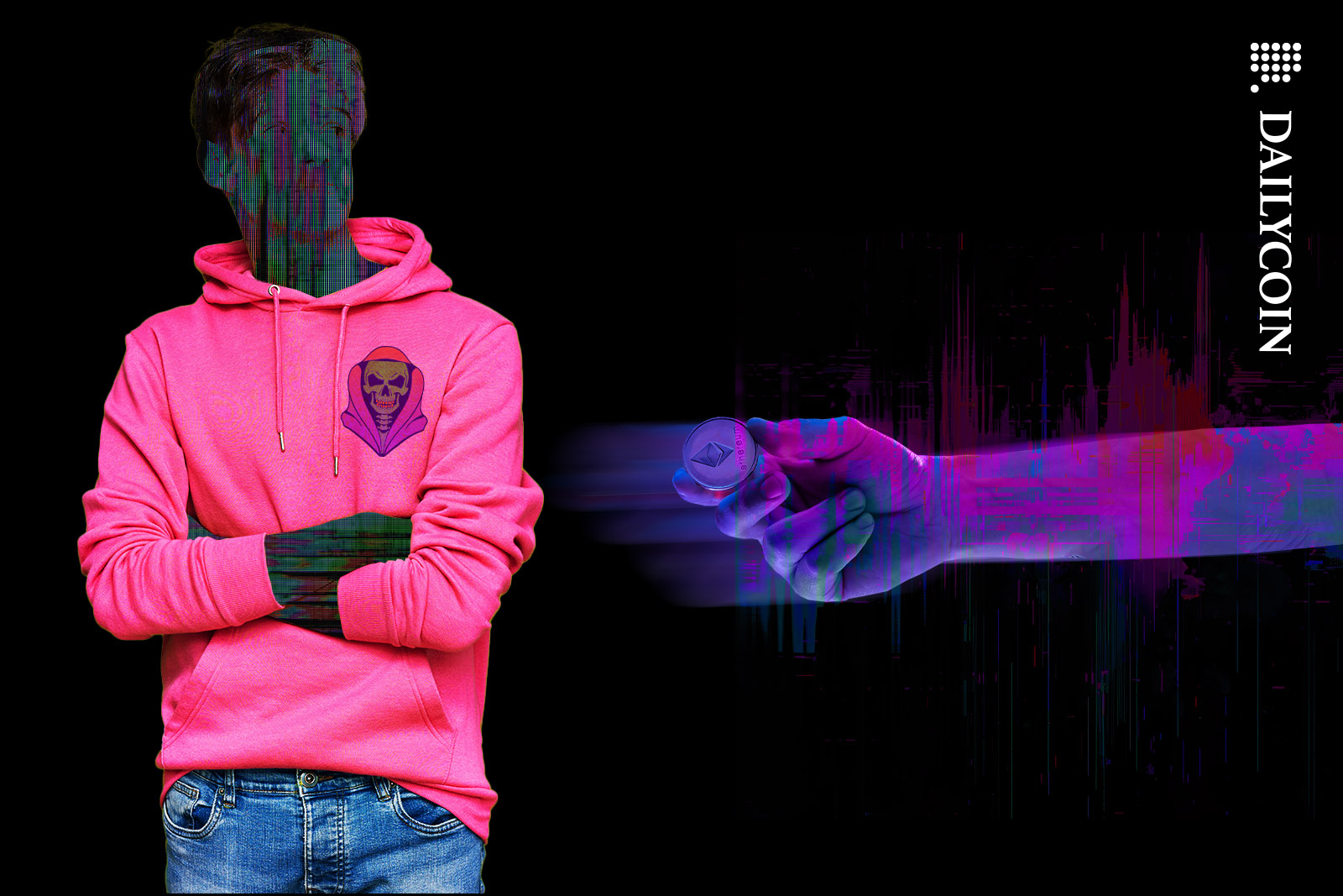 A guy in a pink hoodie and a digital face being robbed by a big purple glitchy hand.
