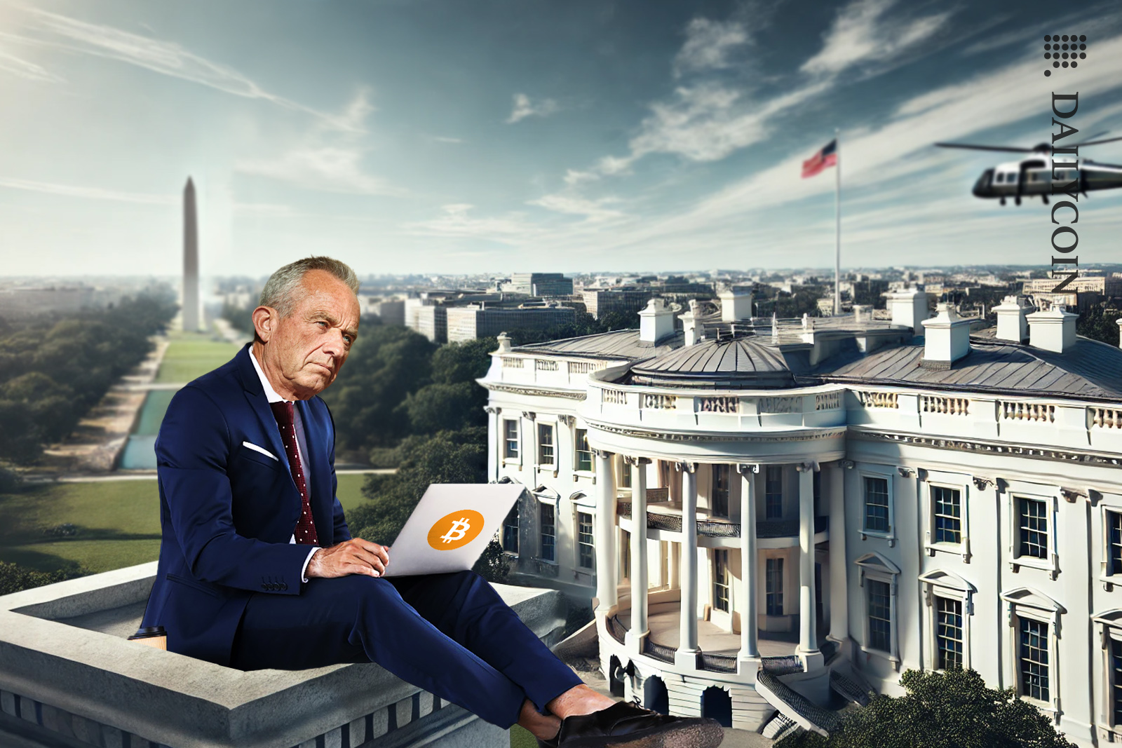 RFK Jr. sitting on top of a tower building next to the white house, trading his crypto. Bitcoin sticker is on his laptop.