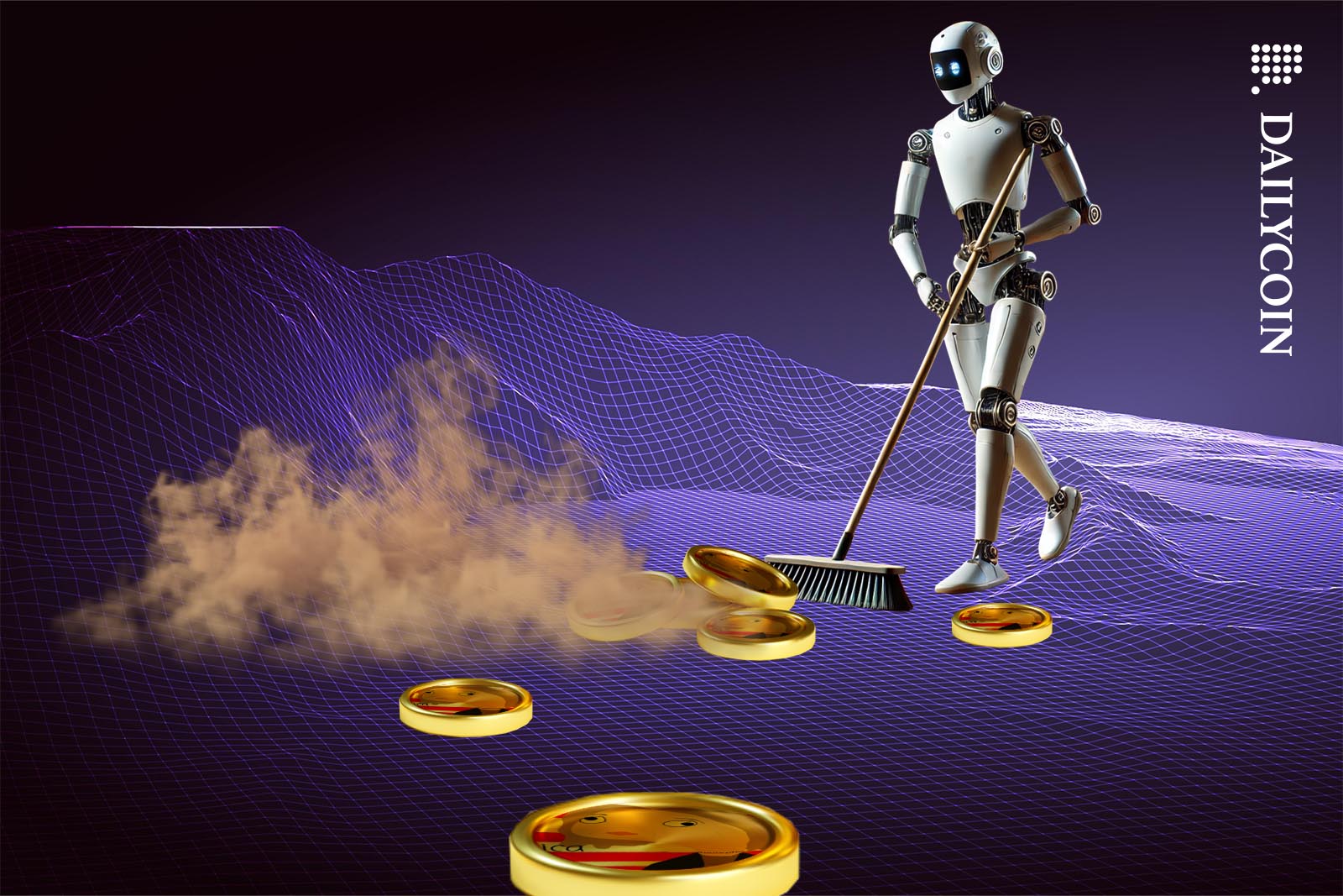 A robot sweeping up some Kamala Harris memecoins.