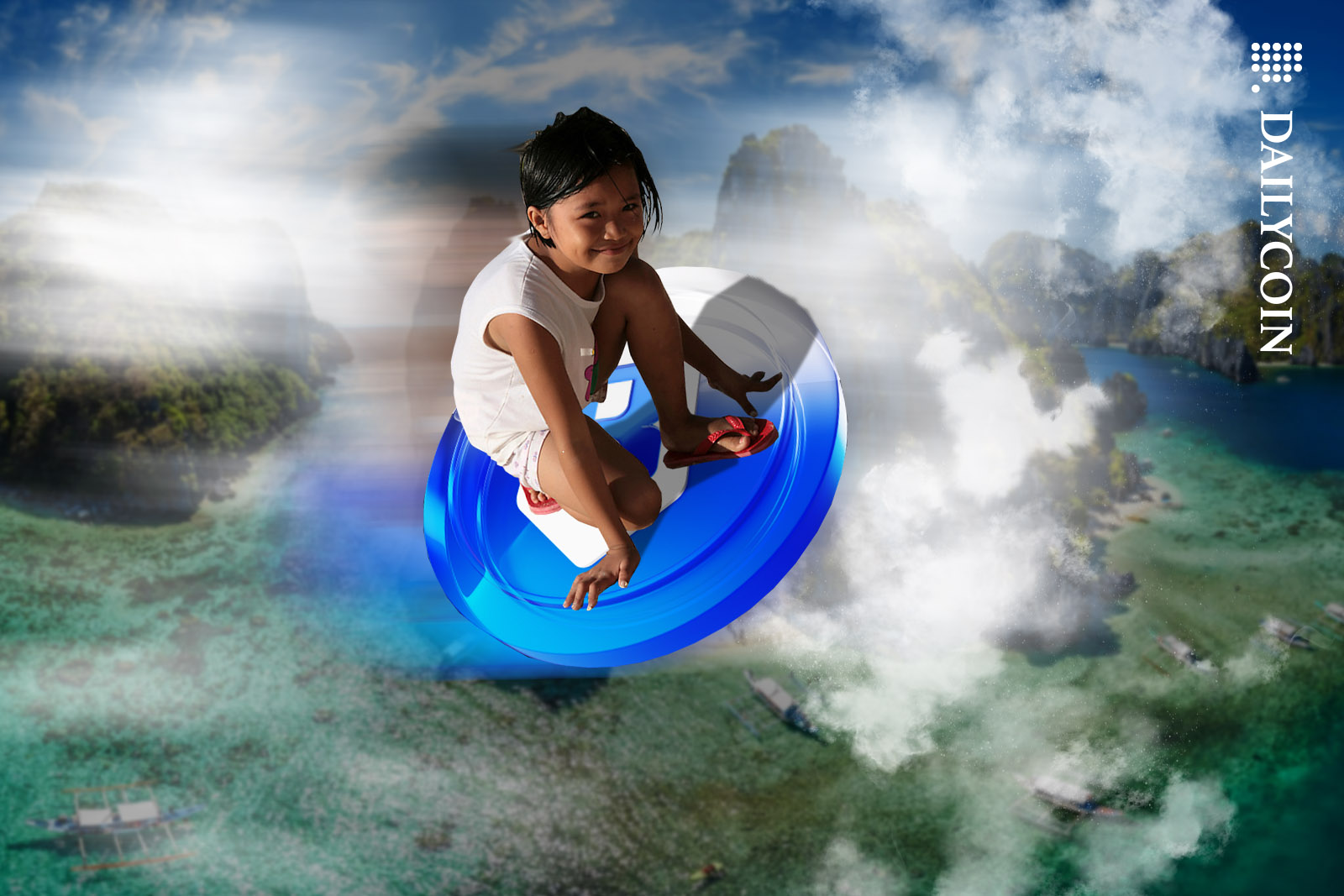 Philippino girl flying on a Ronin coin over some tropical islands.