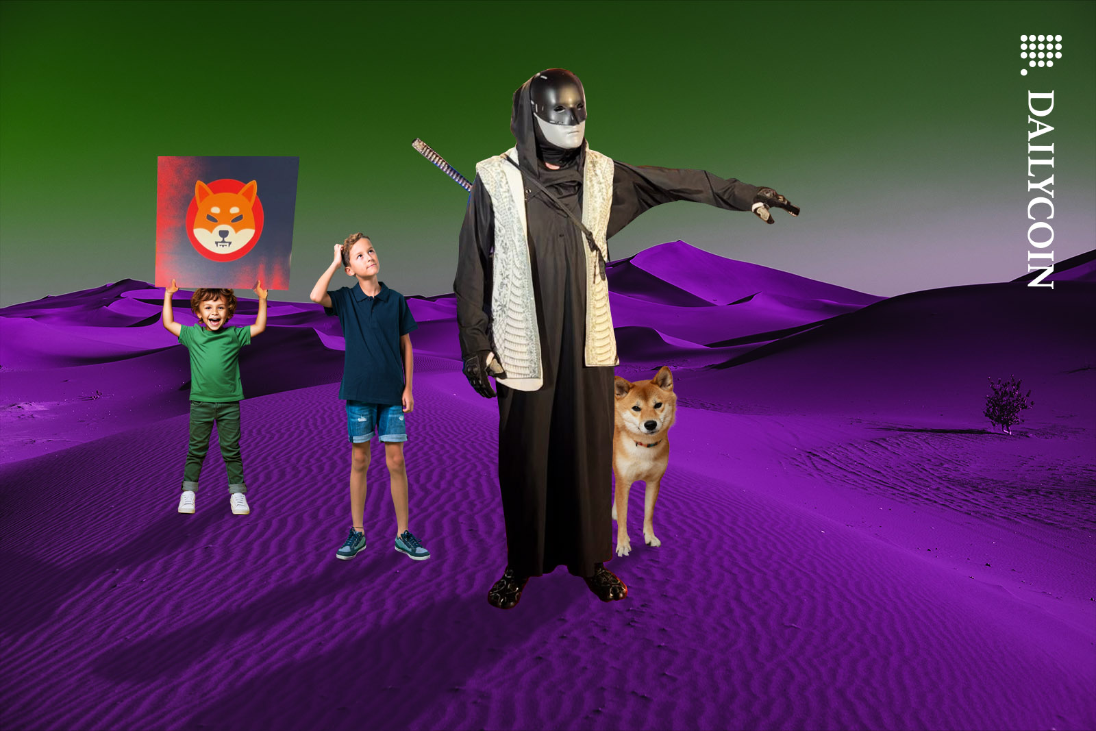 Self styled ninja hero leading a group of kids and a dog through a desert.