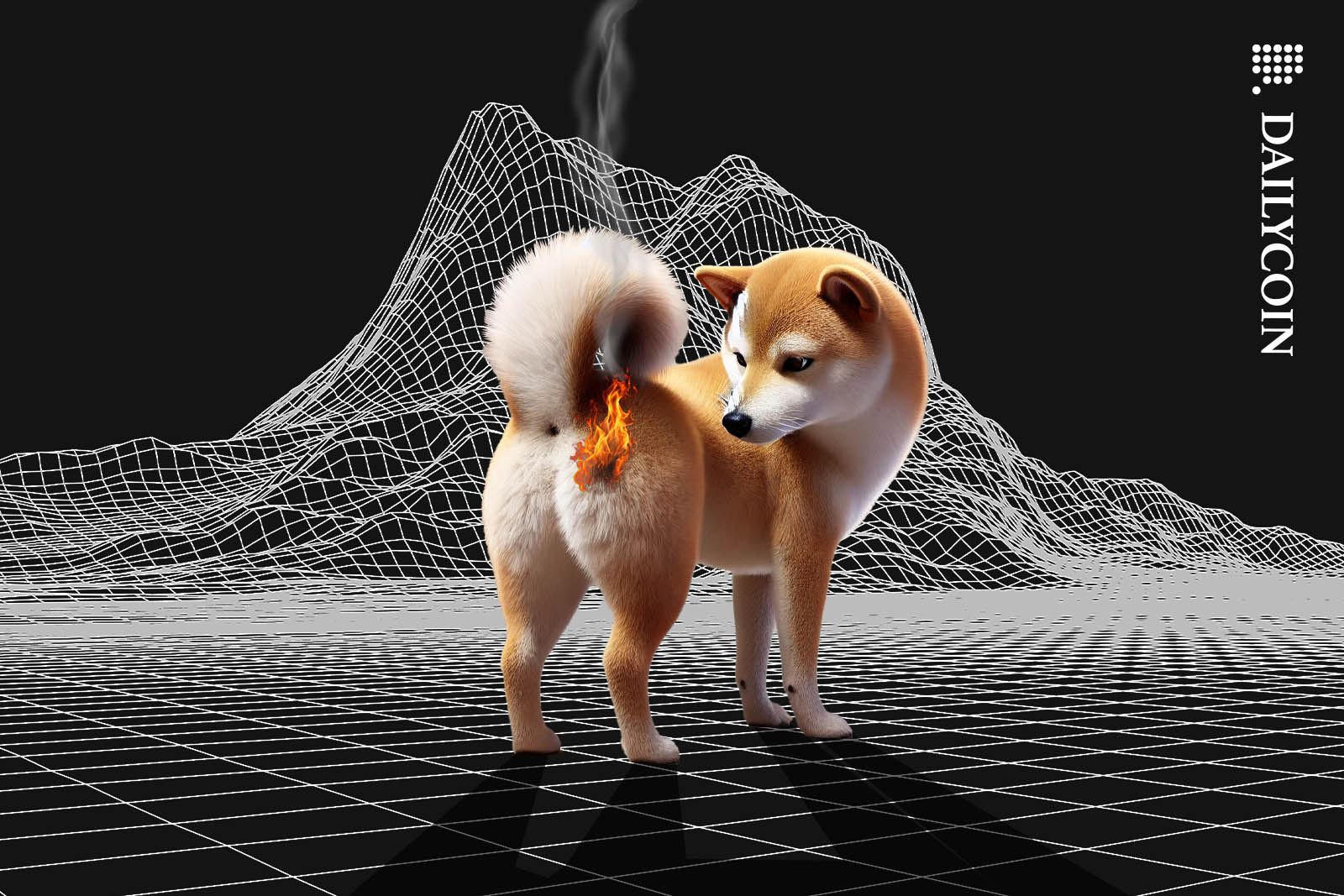 Shiba Inu looking at a small flame on its backside, doesn't seem to be bothered by it.