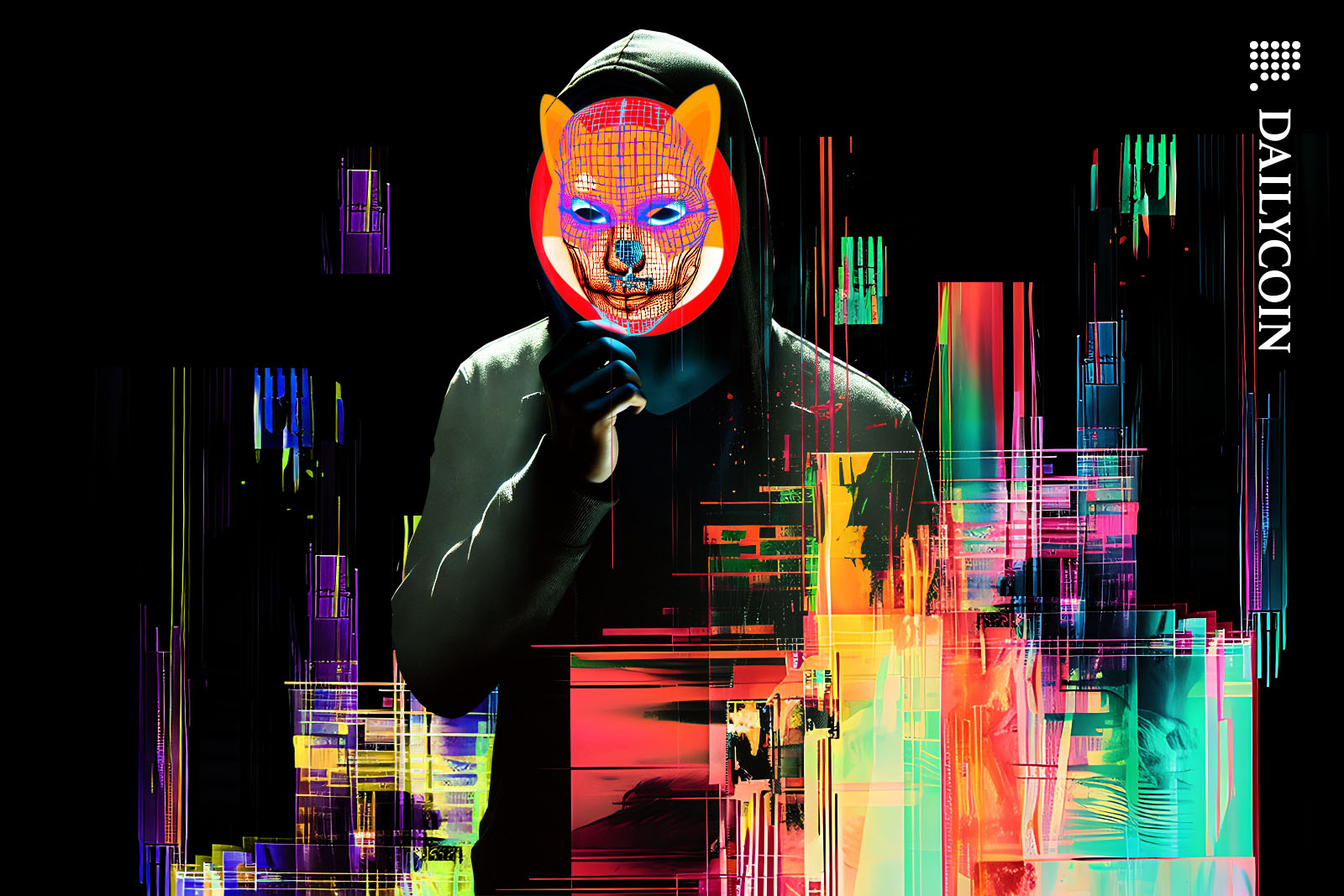 A mysterious man in a hoodie getting ready to take off his digital mask.