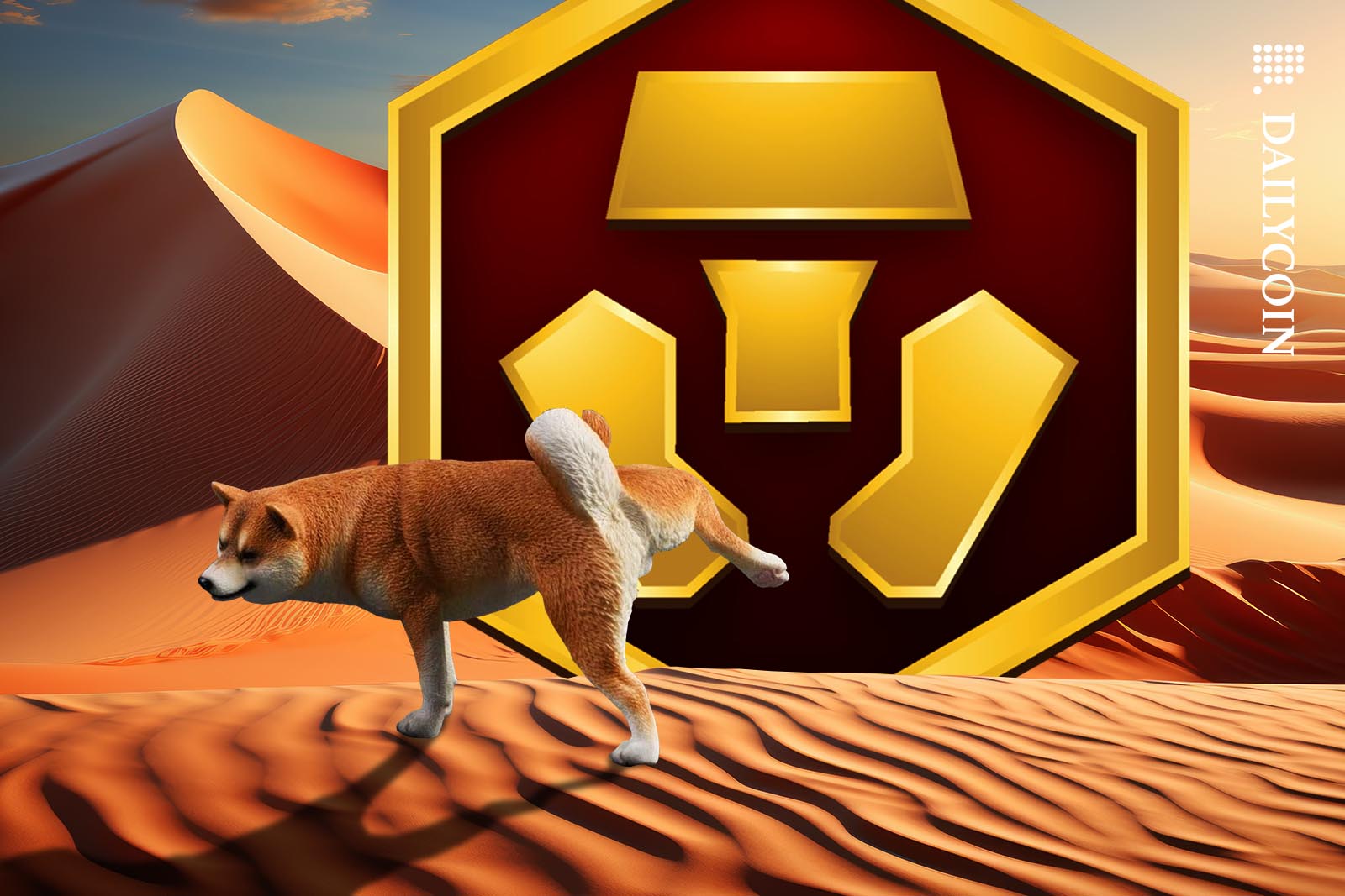 Shiba Inu peeing on large Crypto.com logo in a desert.