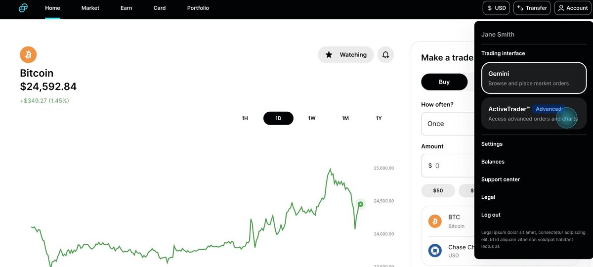 Gemini trading screen, using the example of Bitcoin market. On the right is a menu to choose between Basic Gemini trading or AsctiveTrader