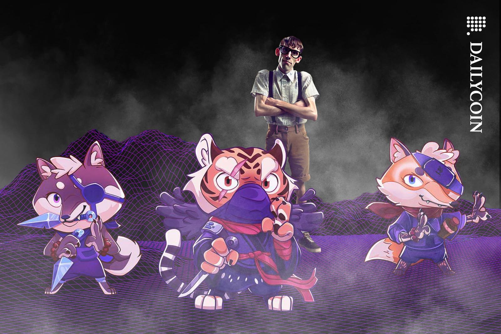 Nerdy looking guy acting tough behind three Shyjitsu Masters.
