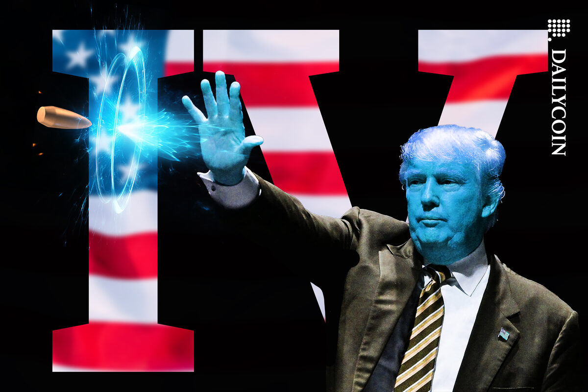 Donald Trump stopping a bullet with his magic powers in front of a huge Roman number four.