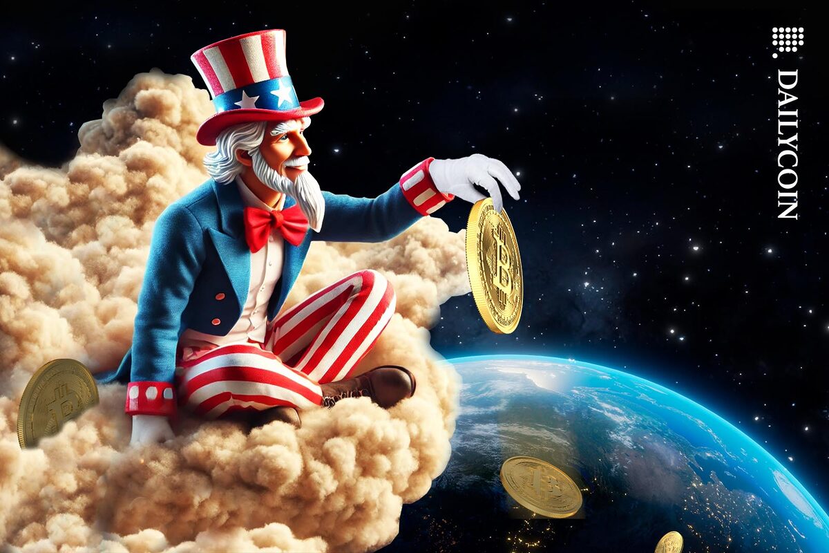 Uncle Sam is dropping Bitcoins from a cloud back to earth.