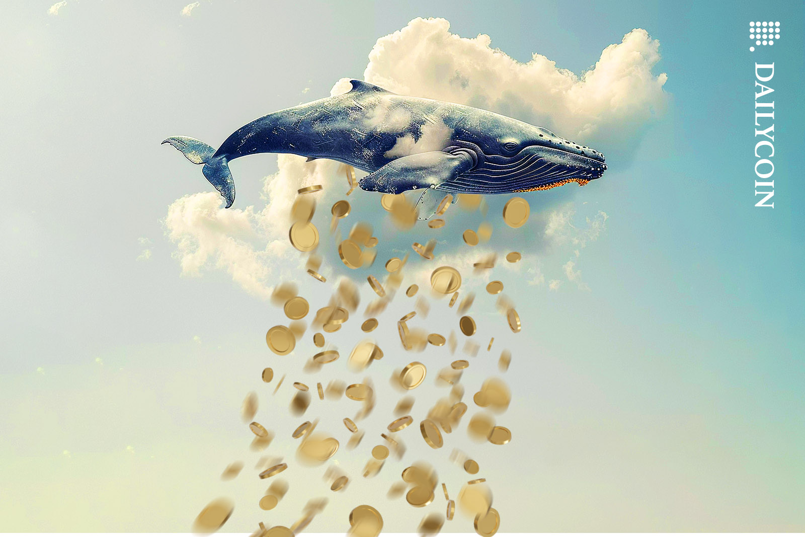 A whale in a cloud floating in the sky as it's off loading hundreds of golden coins.