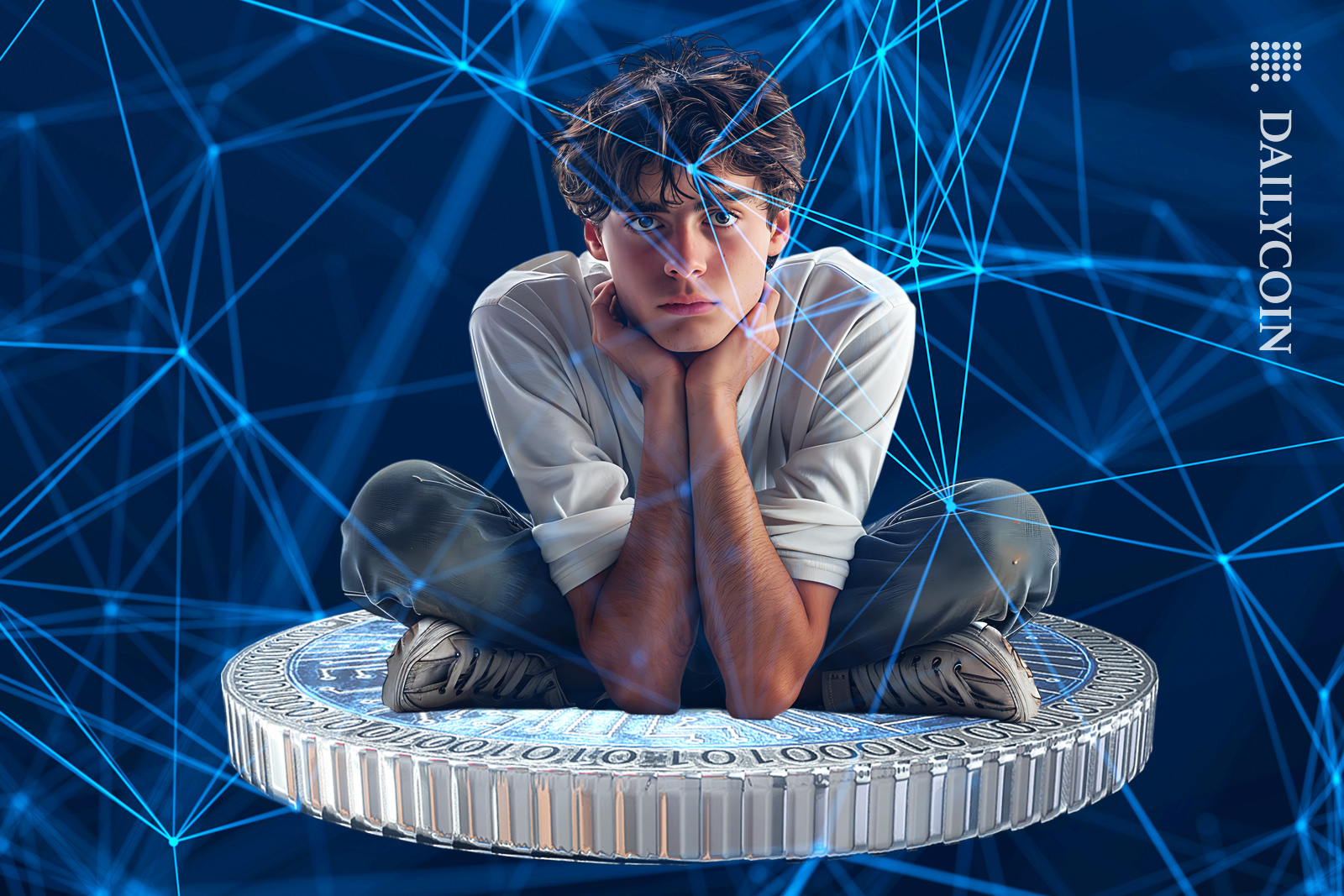 Guy sitting uncomfortably on a Cardano coin.