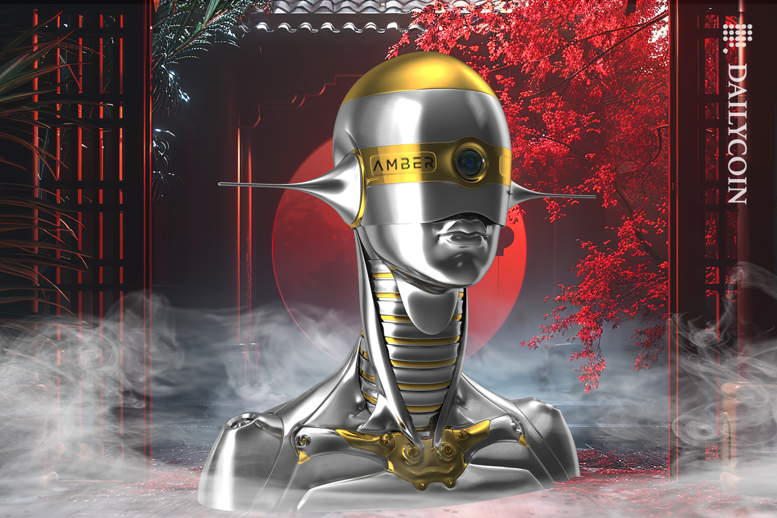 Amber robot appears from smoke on Japanese land.