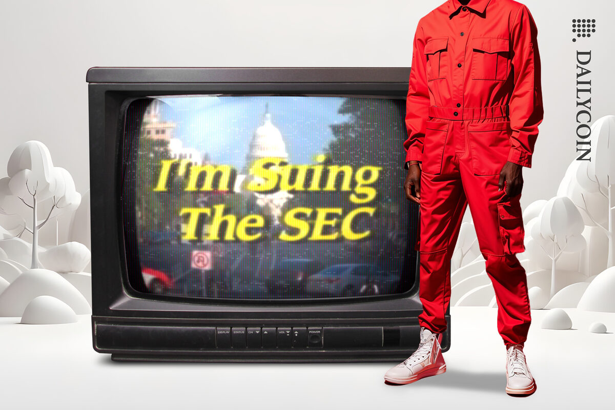 A guy in dungarees, in a blank world with a television showing ''I'm Suing The SEC''.