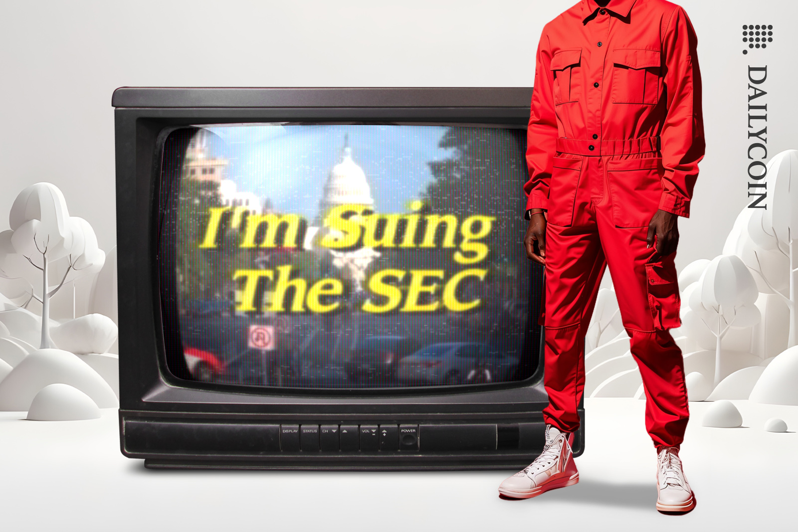 A guy in dungarees, in a blank world with a television showing ''I'm Suing The SEC''.