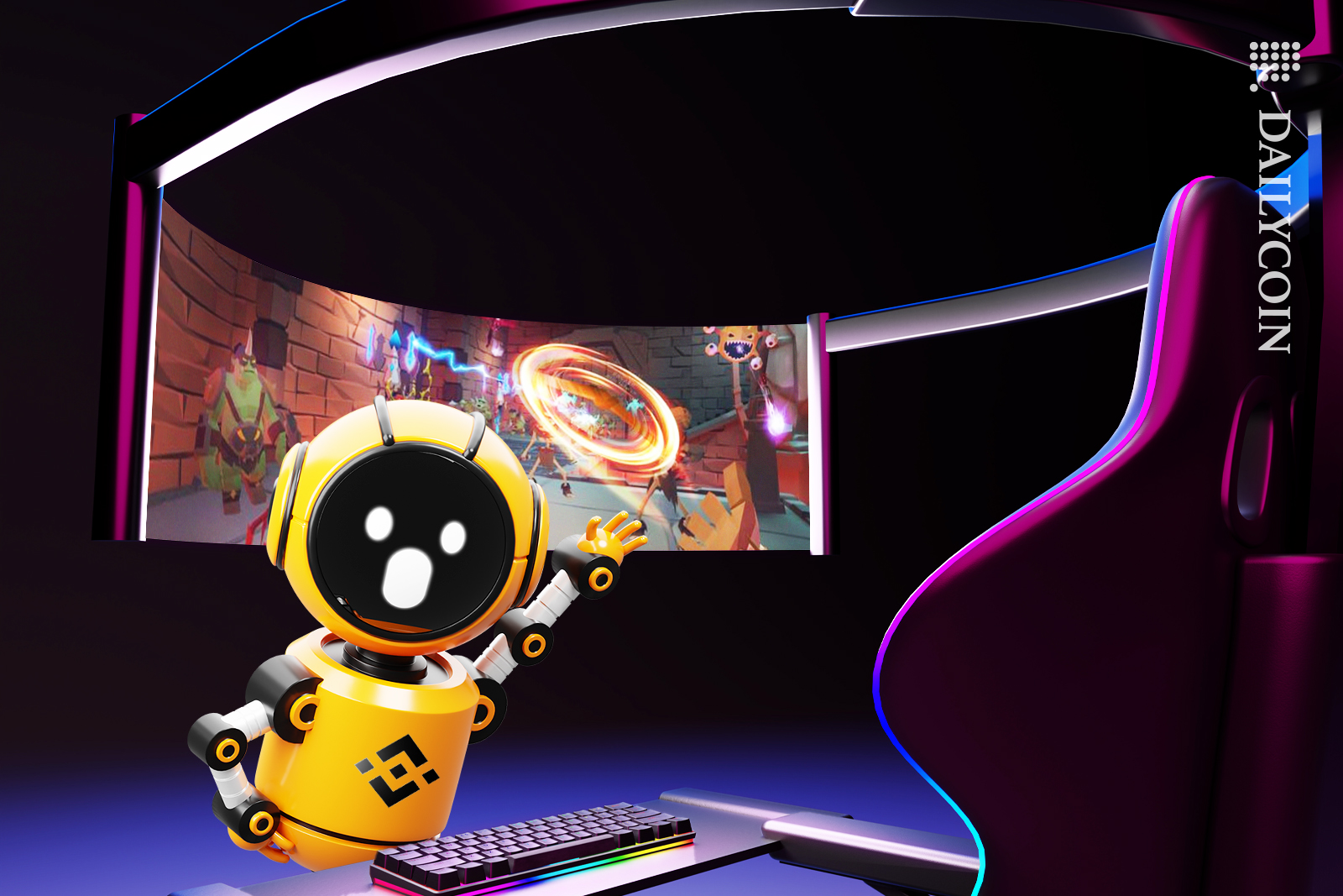 Binance robot showing a game from Pluto Studio, inviting you to come play.
