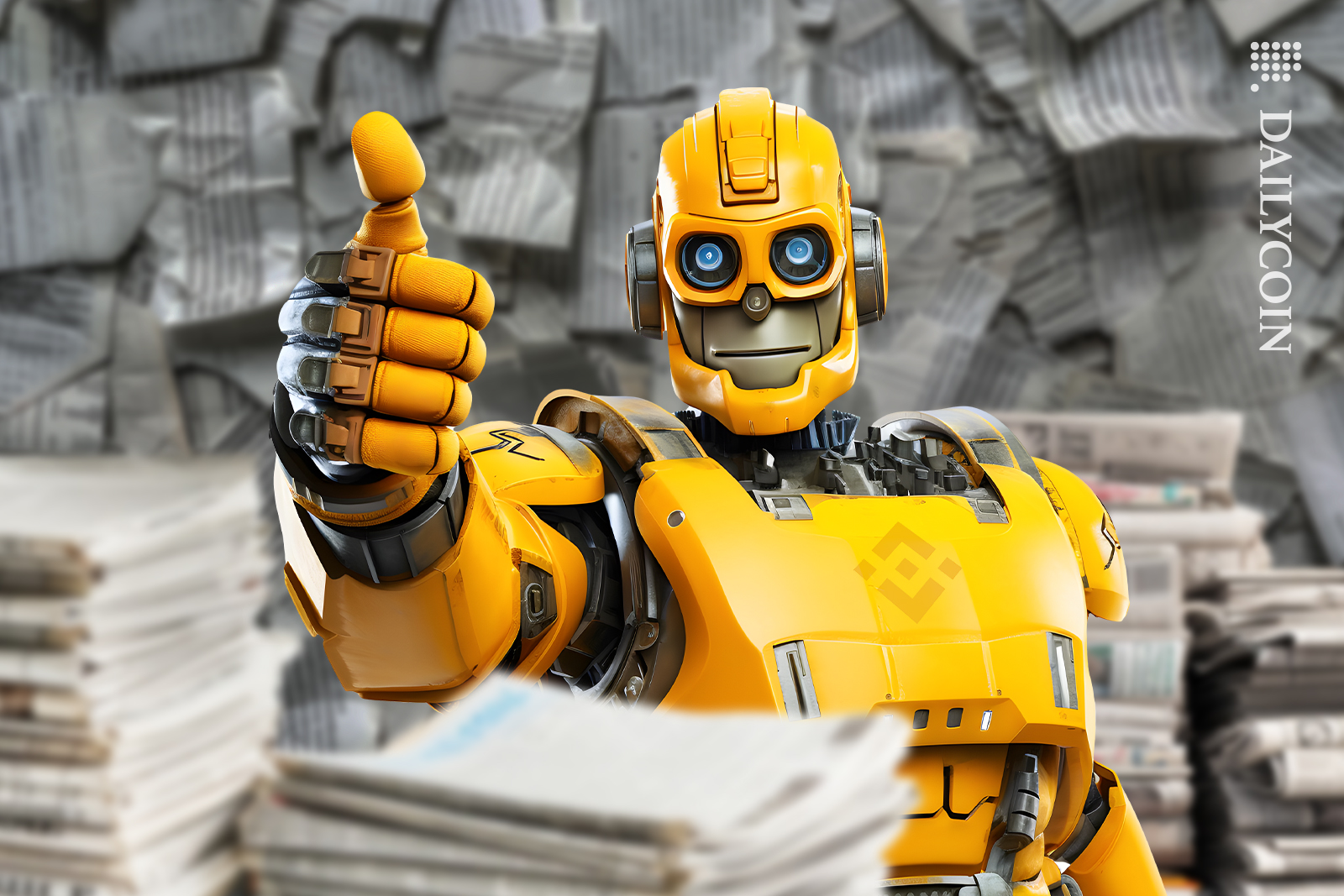 Binance robot showing thumbs up standing in the middle of stacks of newspapers.