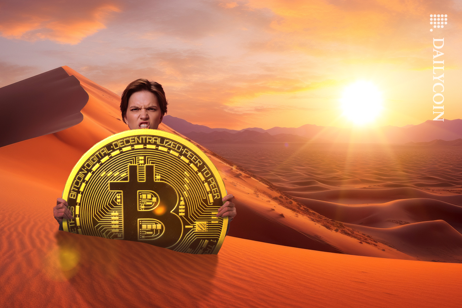 Girl sinking in quicksand holding a bitcoin.