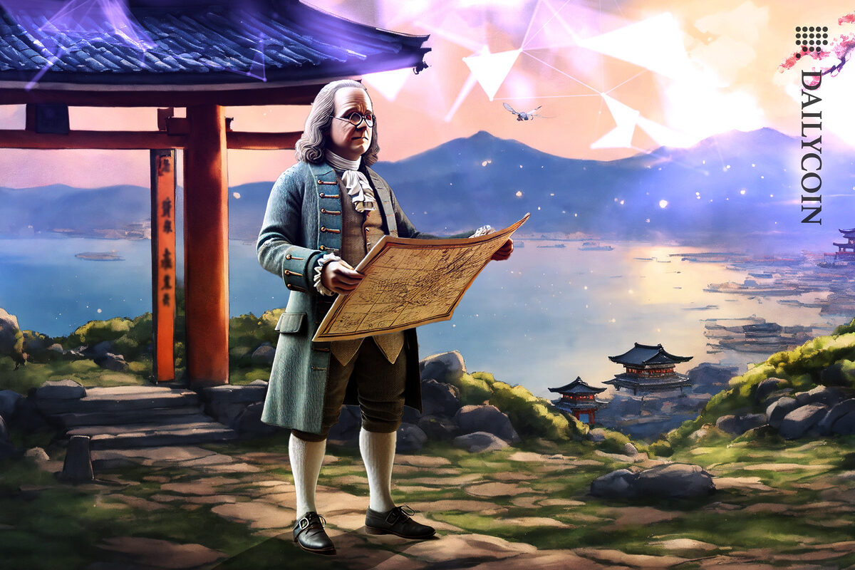 Benjamin Franllin in Japan following the blockchain route.