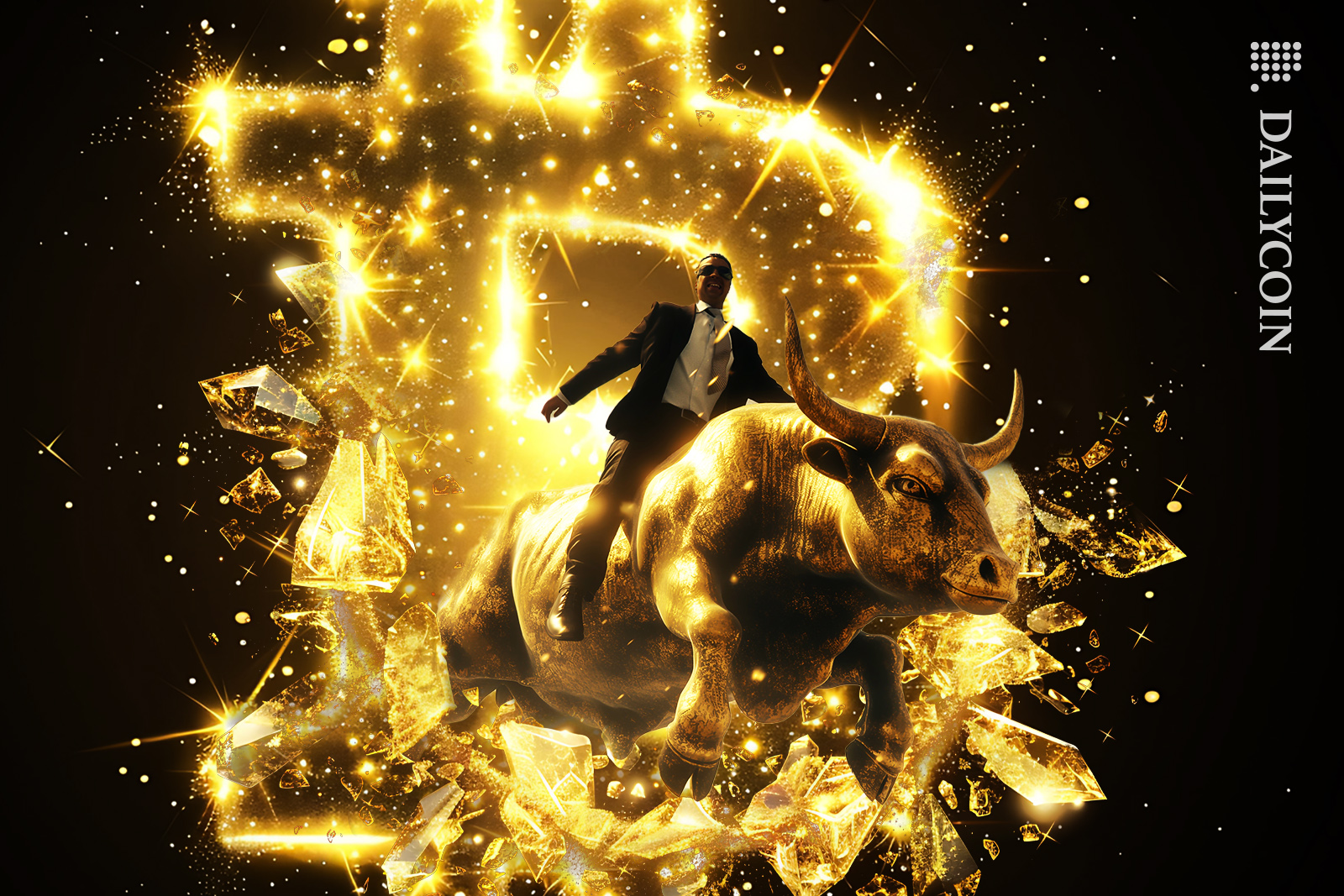 Guy on a Bull exploding out of a glowing Bitcoin.
