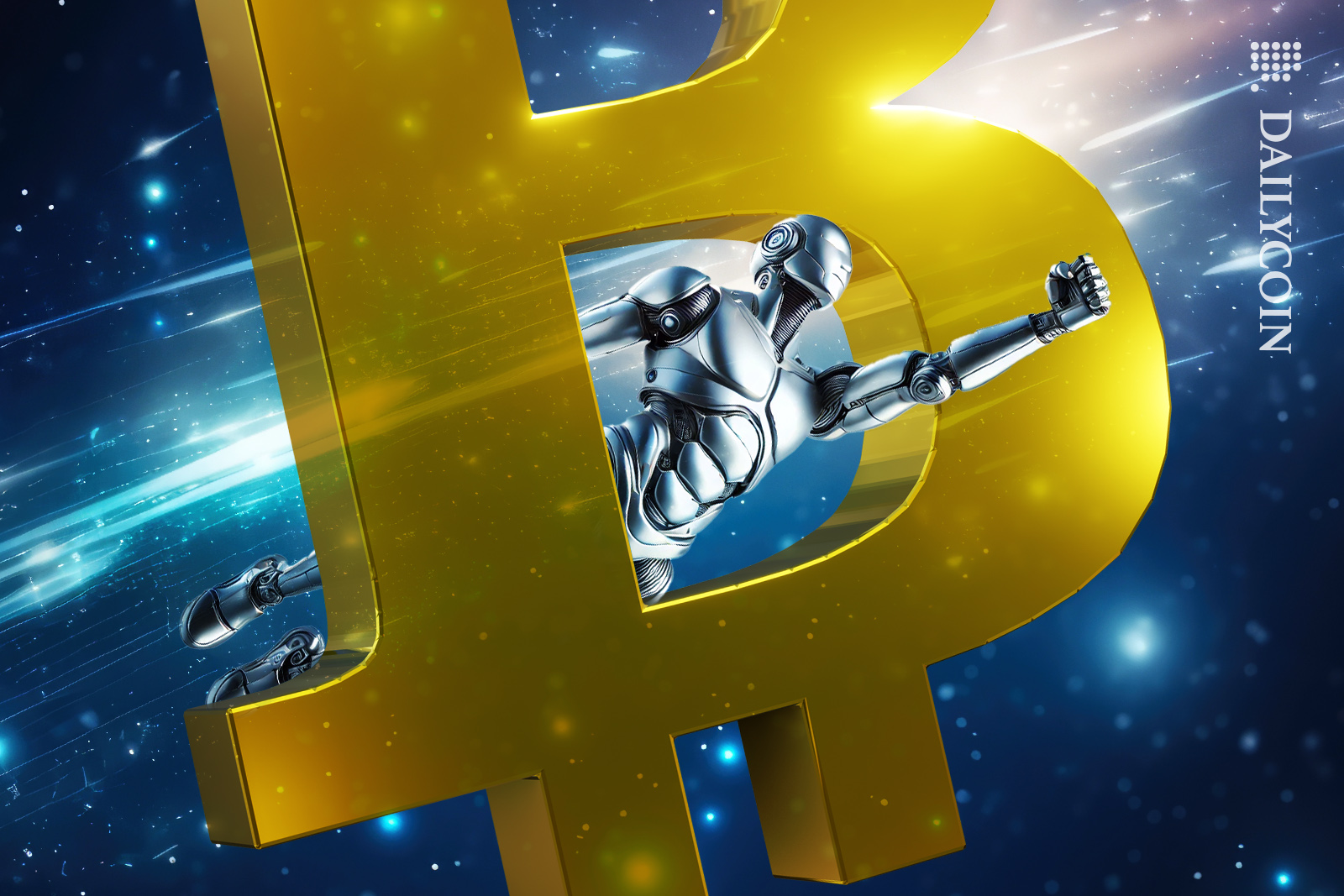 Robot flying through the bitcoin logo in the sky with force.