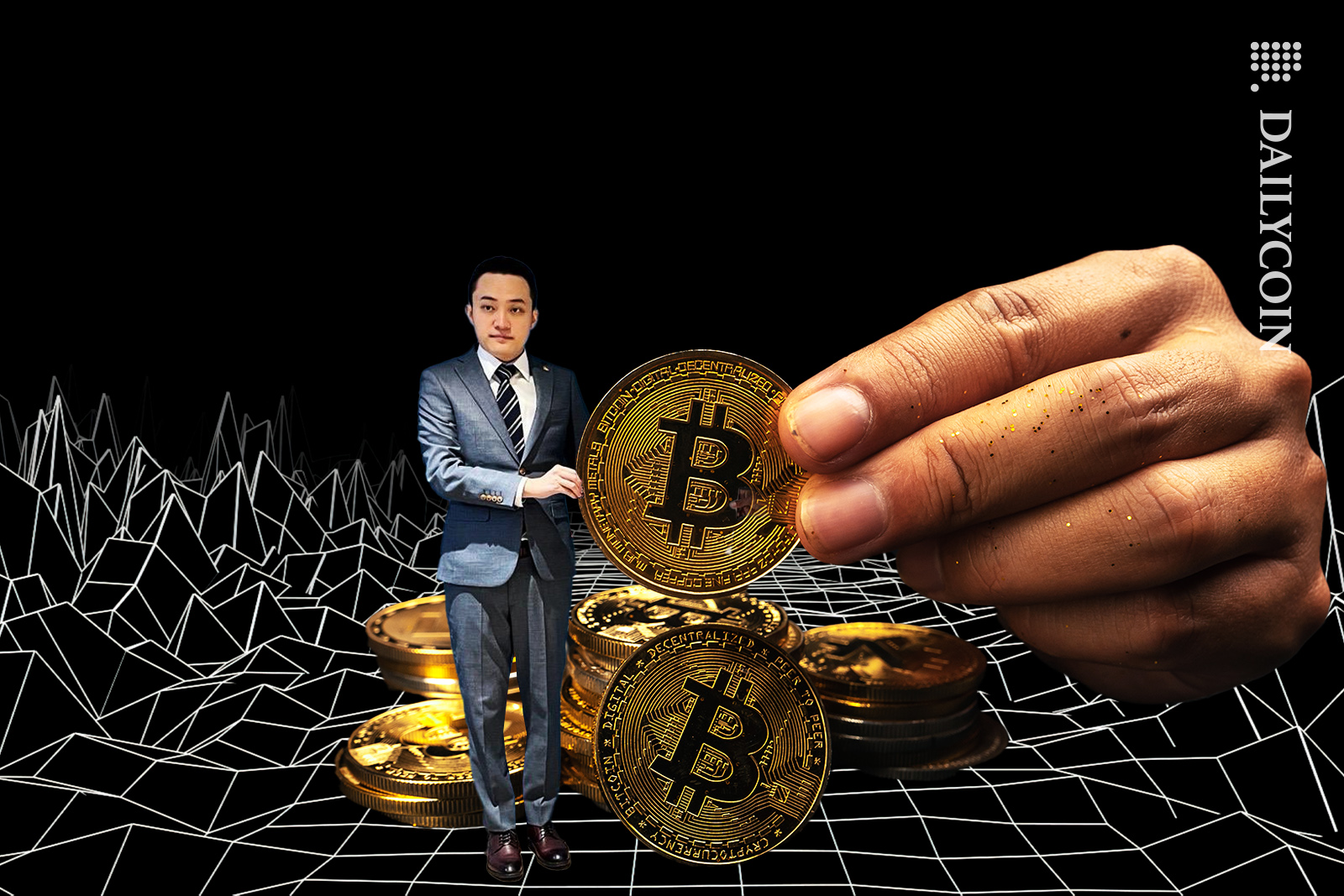 Justin Sun together with a big hand holding up Bitcoin.