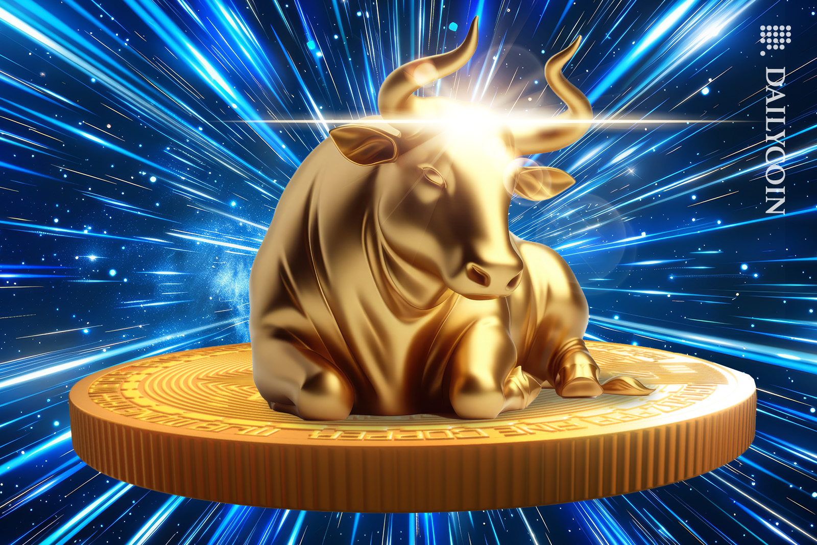 Golden bull beaming, sitting on a massive bitcoin.