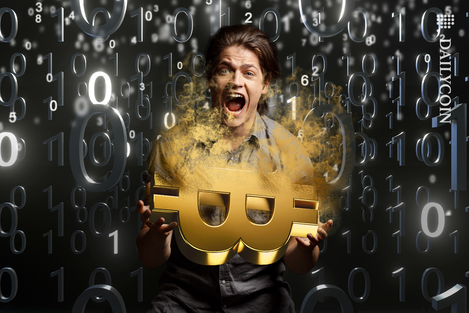 Guy holding bitcoin screaming as its slowly dissapearing. Numbers are calculating in the background.