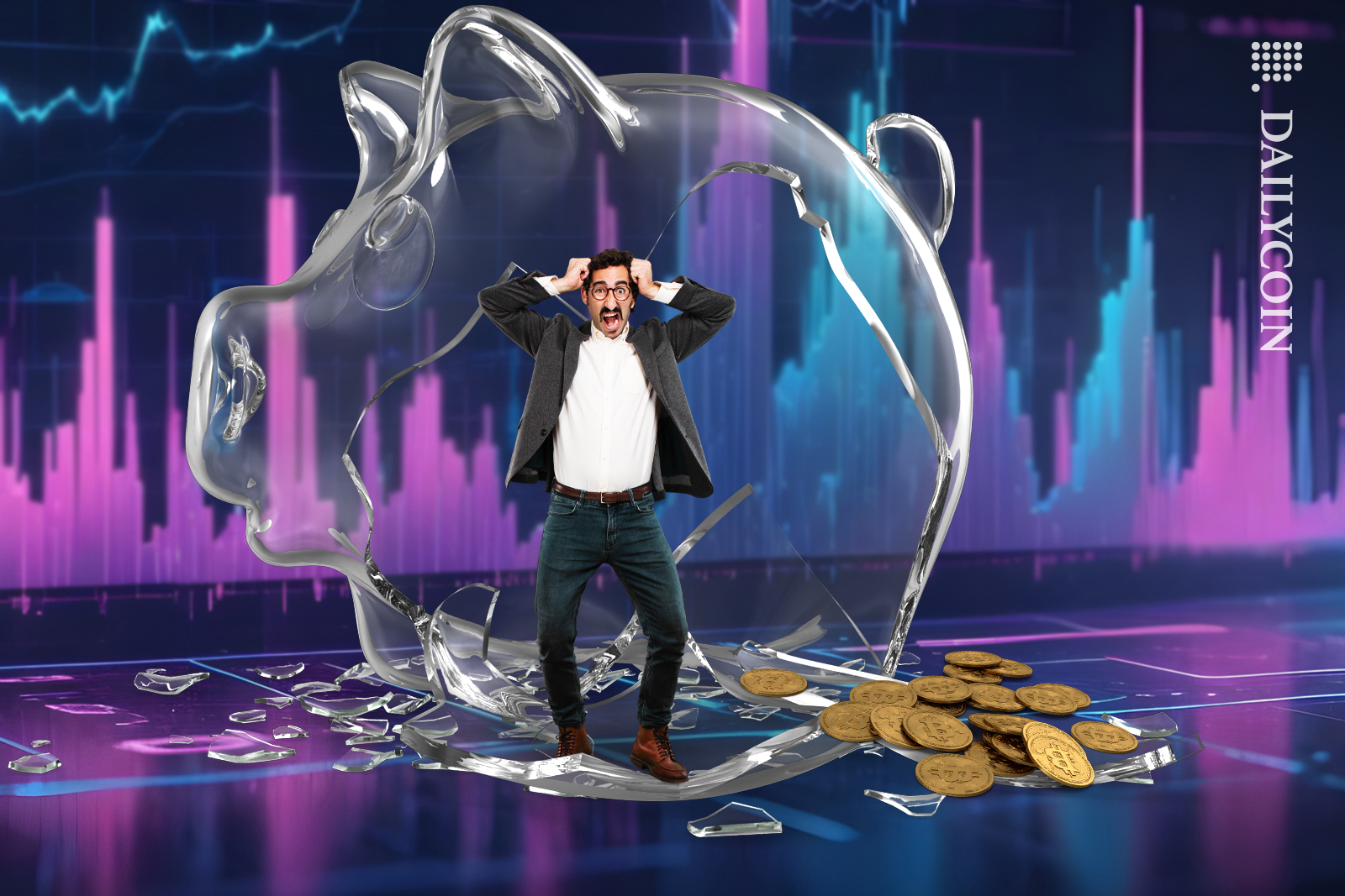 Guy panicking seeing a broken Bitcoin piggy bank.