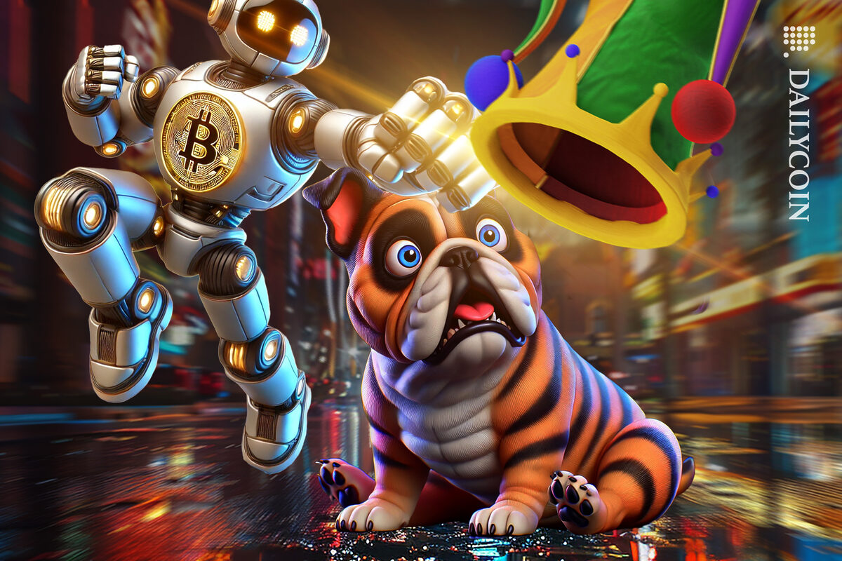 Dog is surprised his jester hat has been punched of his head by a bitcoin robot.