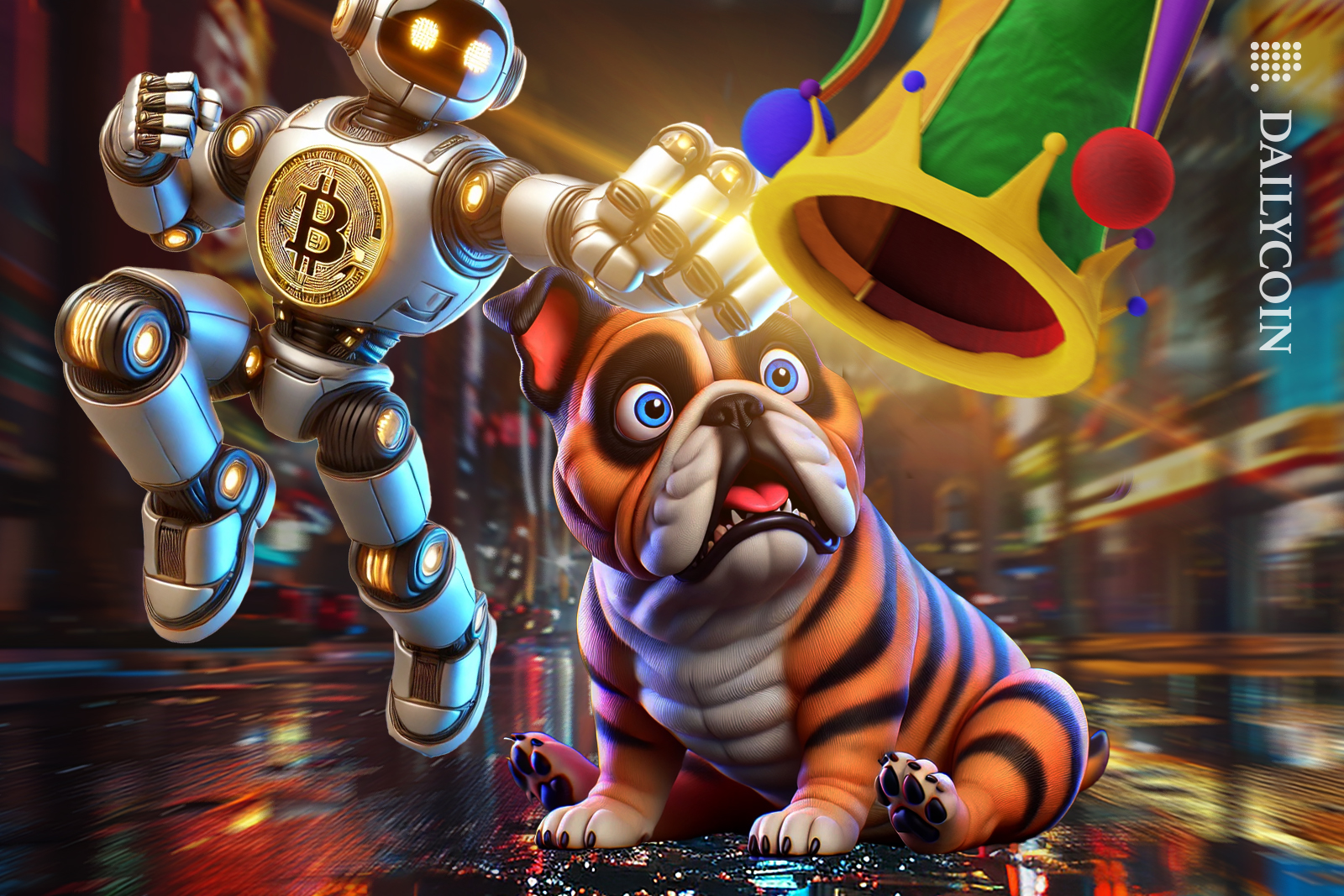 Dog is surprised his jester hat has been punched of his head by a bitcoin robot.