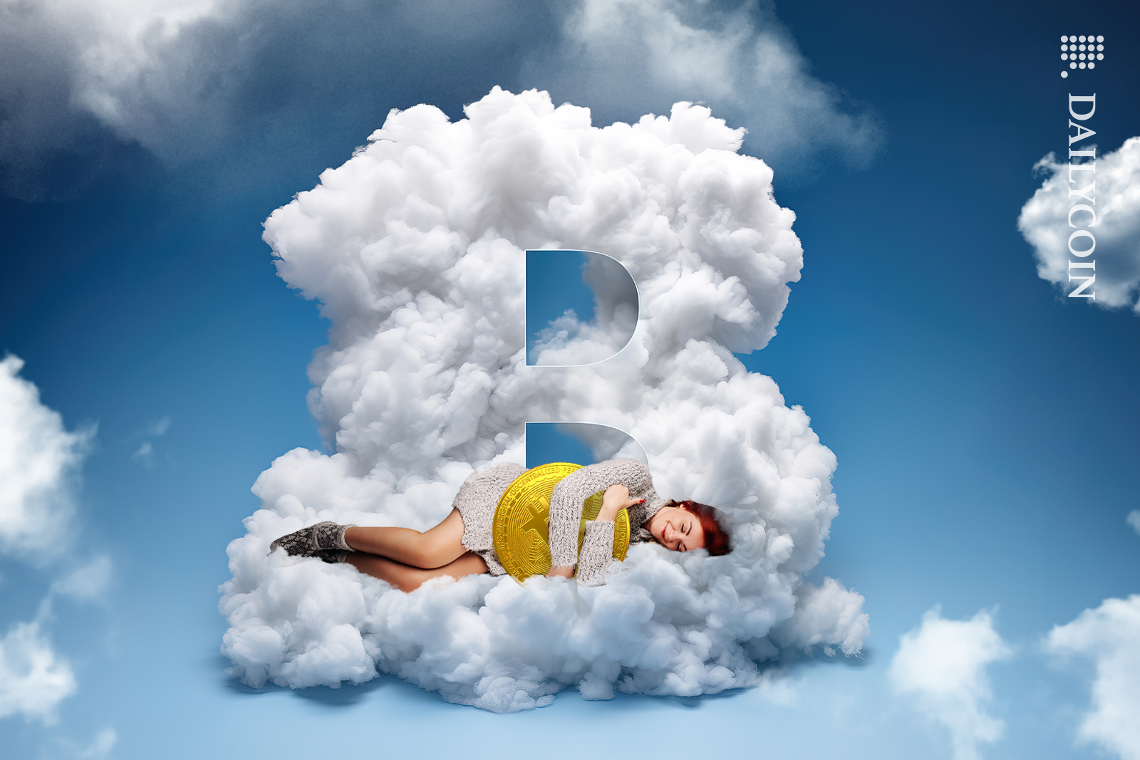 Girl sleeping peacefully on a Bitcoin cloud, holding a bitcoin.