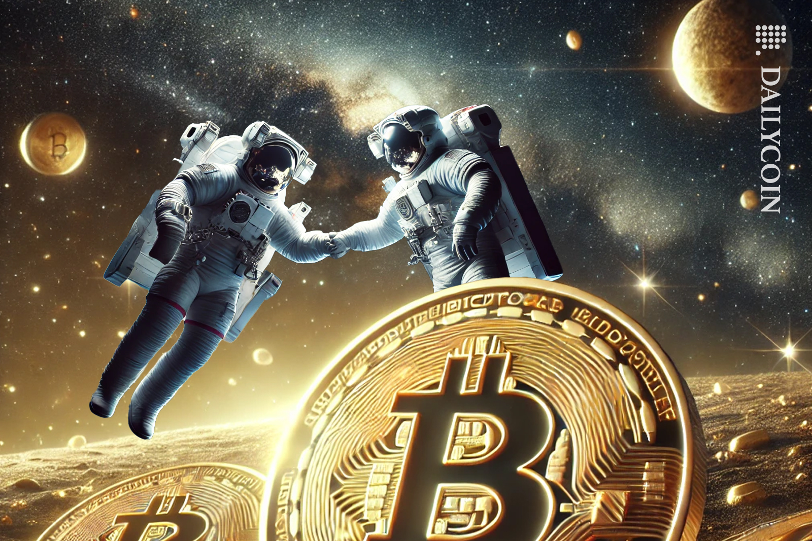 Two astronauts making a deal on a bitcoin planet.