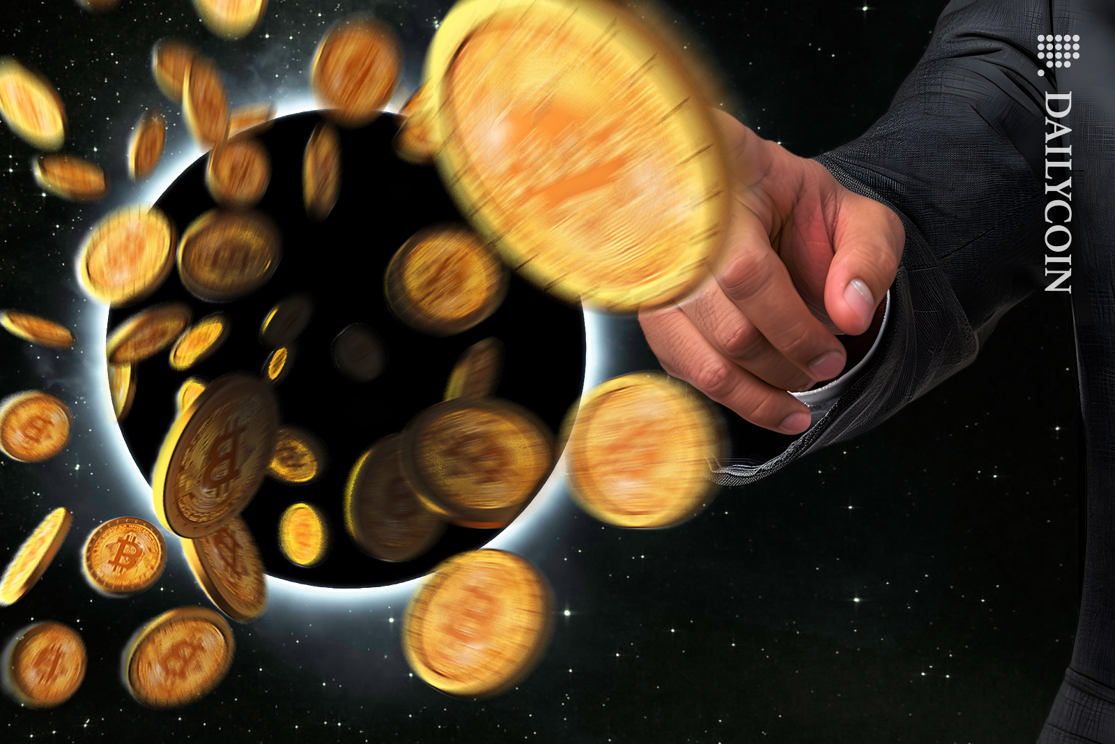 Businessman pointing at bitcoins getting sucked into a black hole in space.