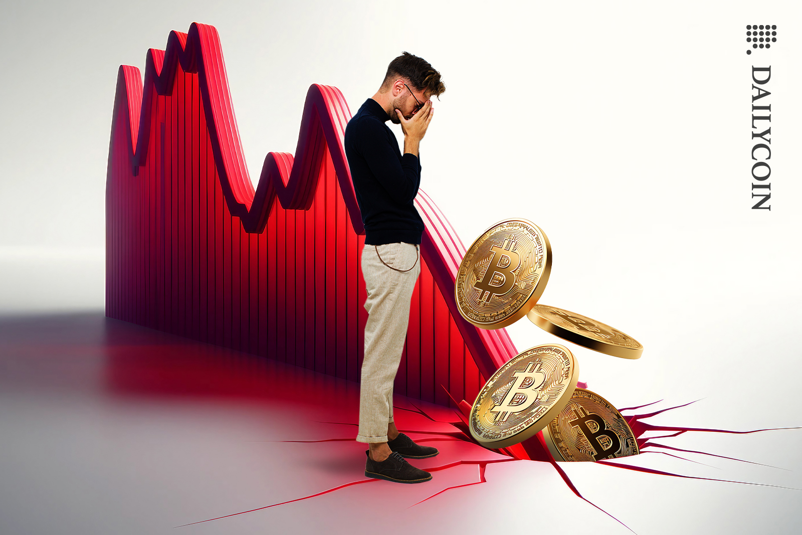 Man standing next to the price chart of Bitcoin, seeing them tumble into the ground.