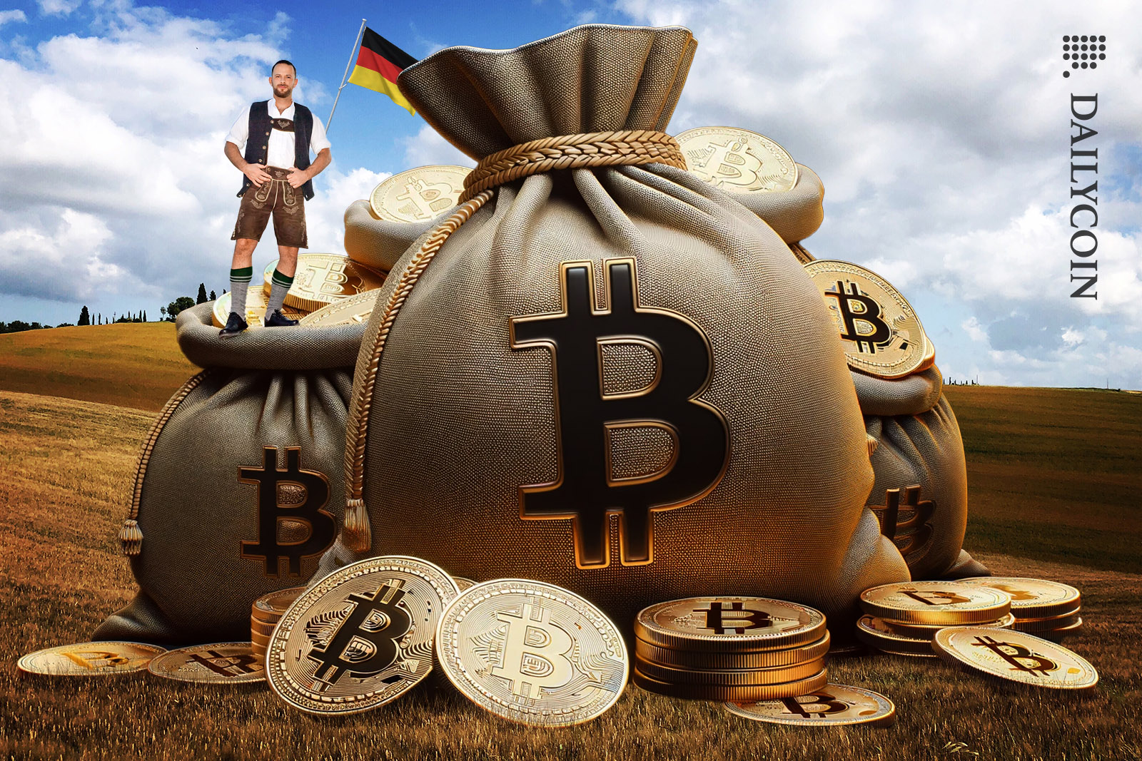 German guy standing on huge bags of Bitcoins on his field.