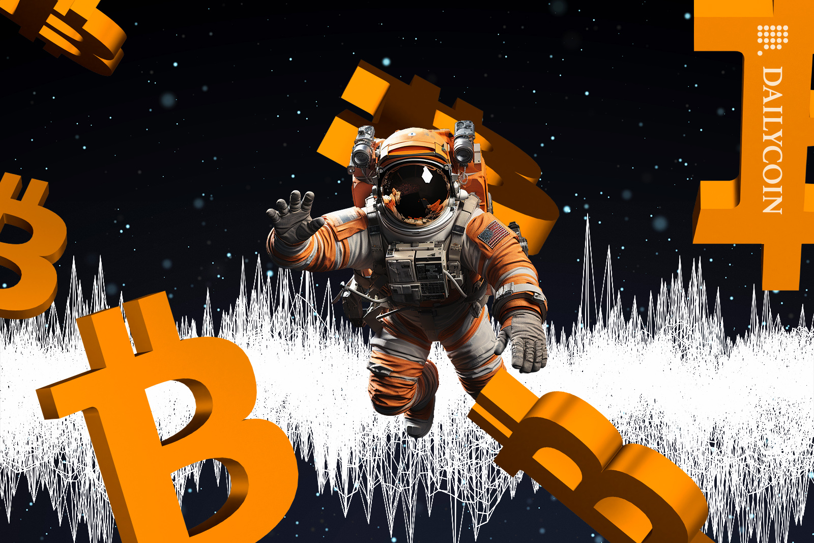 Spaceguy in air floating with bunch of bitcoins.