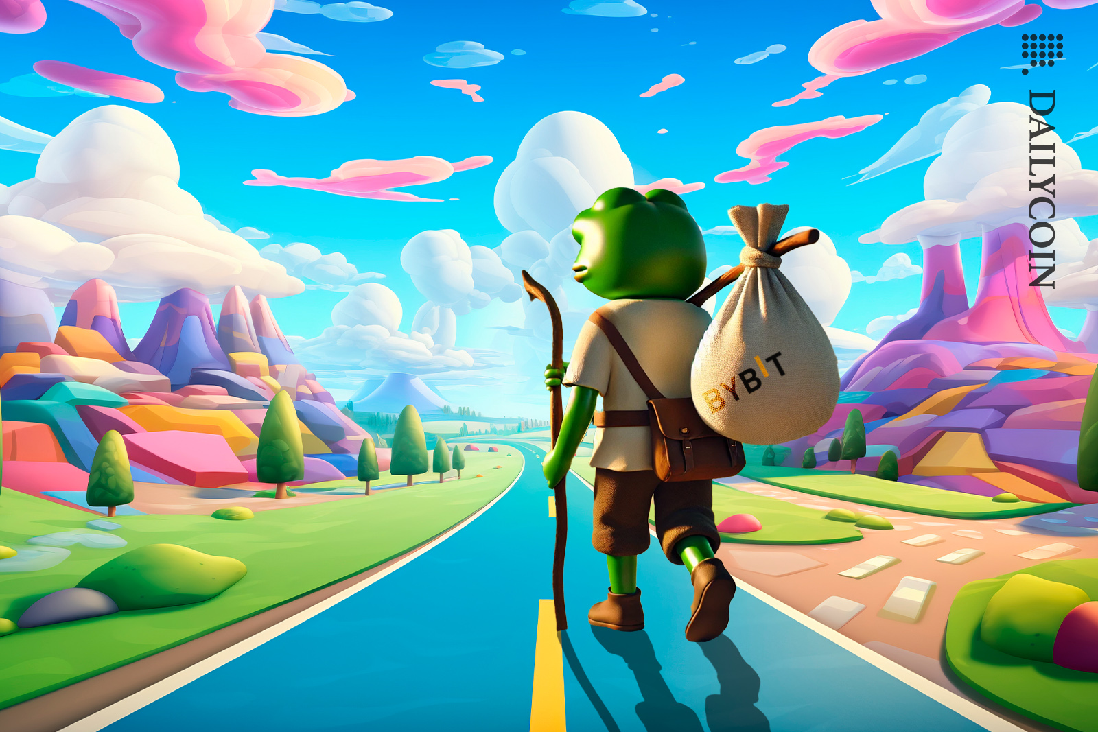 Pepe Is moving away, holding a Bybit bindle.