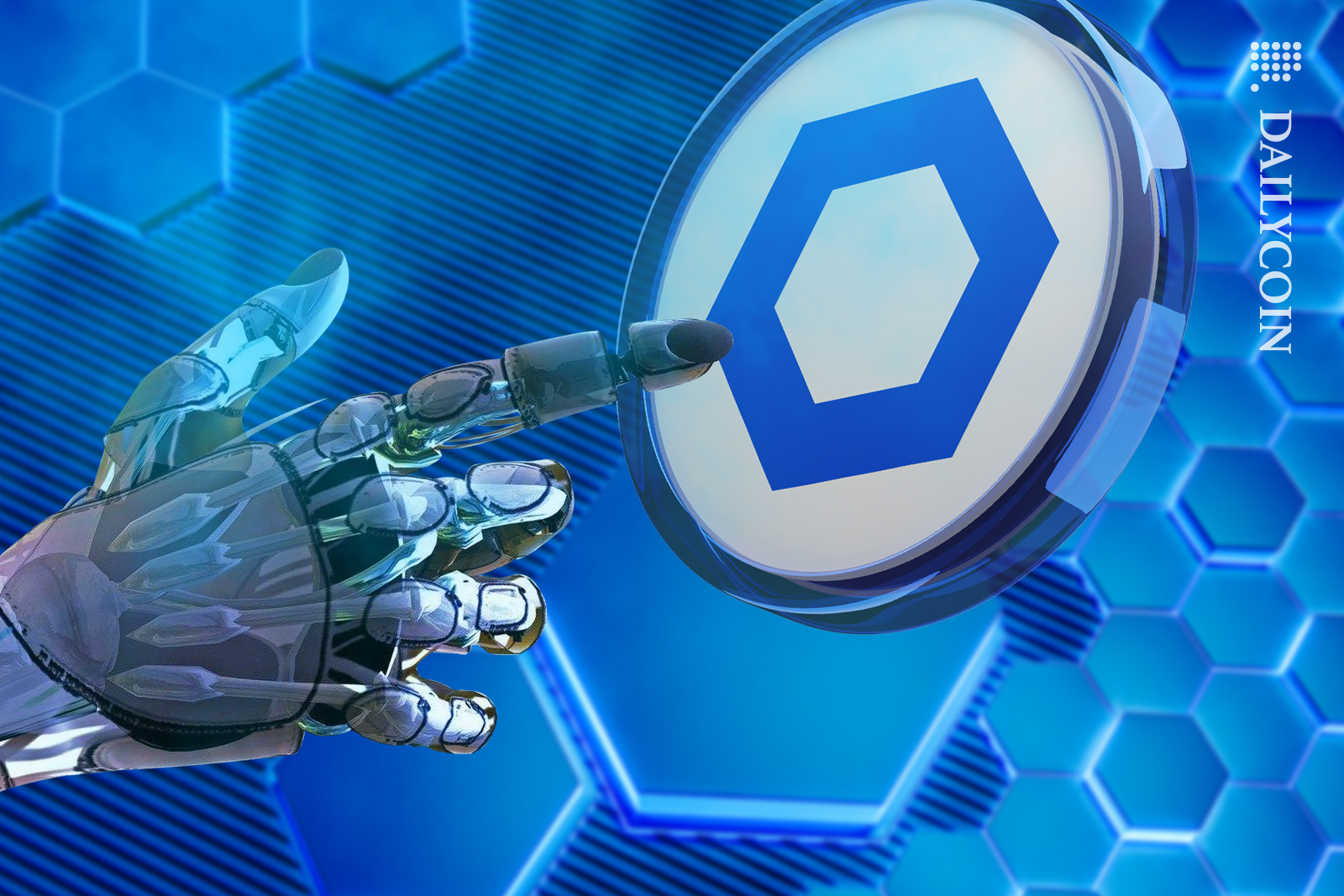 Robot hand reaching Chainlink token in Chainlink's digital space.