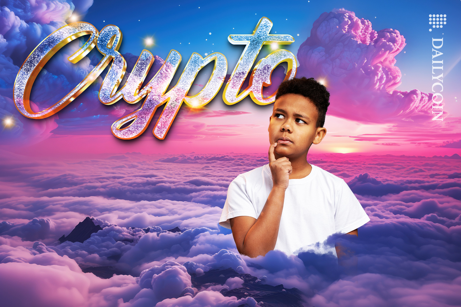 Boy in the clouds thinking what crypto is.