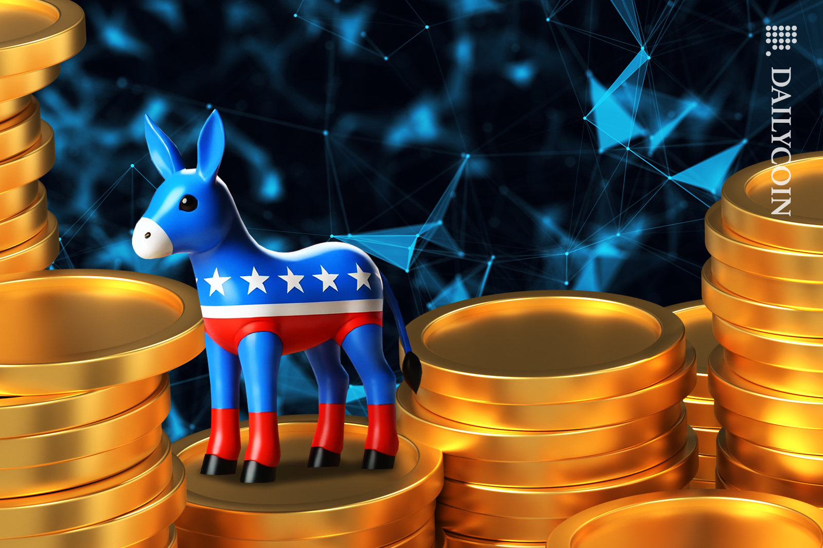 Democrats donkey standing on crypto coins.