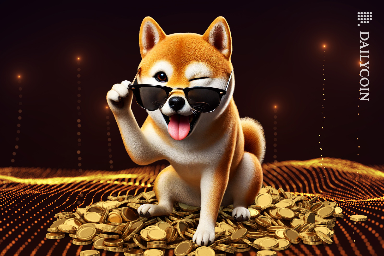 Doge sitting on coins winking with his tongue out.