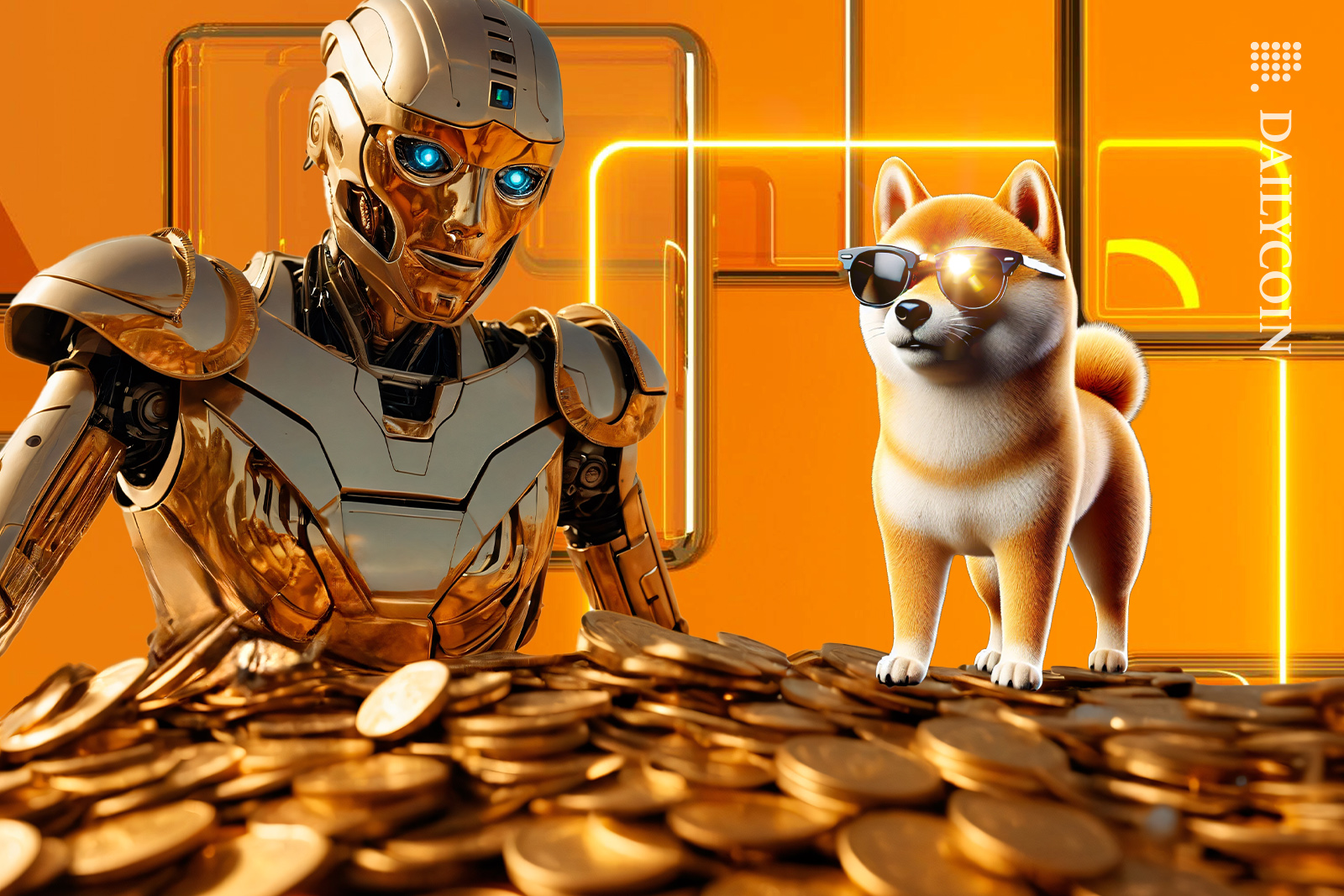 Robot and Shiba Inu (SHIB) standing on pile of coins.