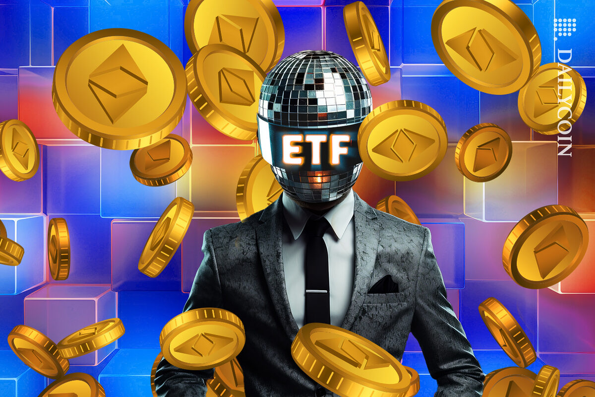 Disco ETF ball head man with Ethereum tokens floating all over the place.